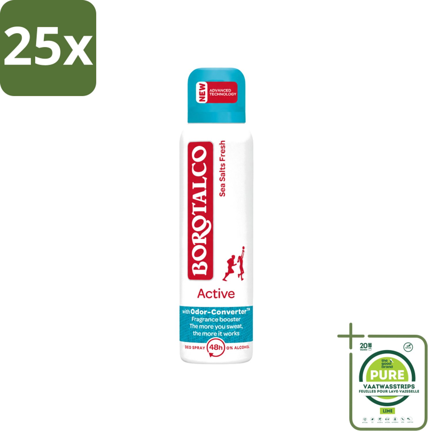25 x Borotalco - Deodorant Spray - Active - Sea Salts Fresh - 0% Alcohol - 150 ml - Grootverpakking - Vaatwasstrips - Zweetgeur Bestrijding - Zeezout Geur - Deodorant Spray - Frisse Geur - Gevoelige Huid