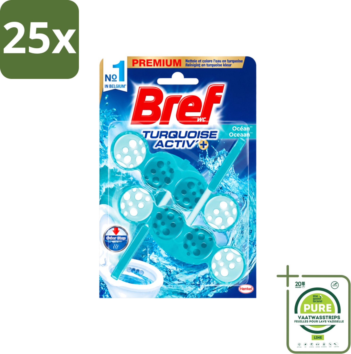 25 x Bref WC - Turquoise Activ+ - Toiletblok - Oceaan - 2 Blokken - Grootverpakking - Vaatwasstrips - Toilet - Toiletblok - Oceaanfrisheid - Reiniging - Anti-kalk