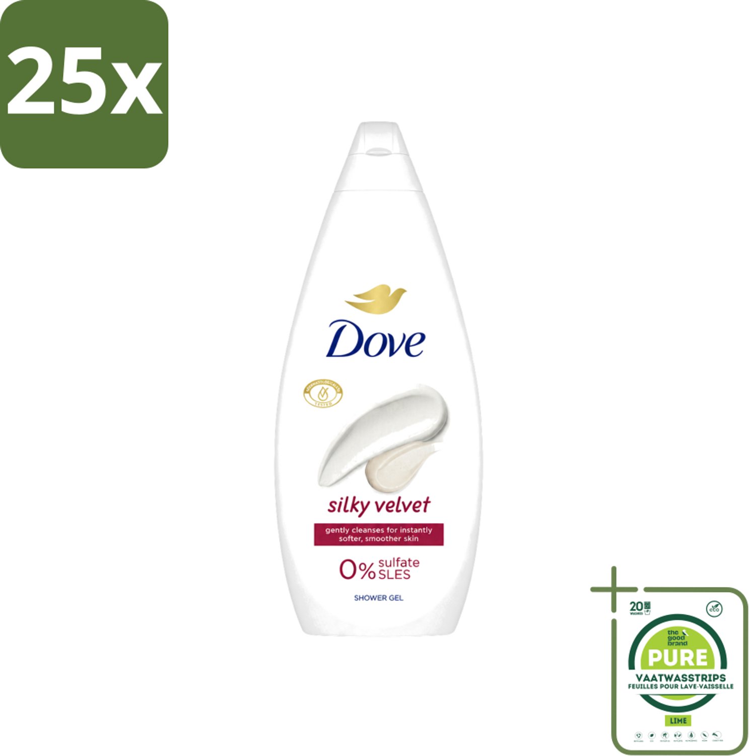 25 x Dove Silky Velvet - Douchegel - Sulfaatvrij - 250 ml - Grootverpakking - Vaatwasstrips - Douche Gel - Zijdezachte Huid - Sulfaatvrije Douche - Hydraterende Douche - Huid Verzorging
