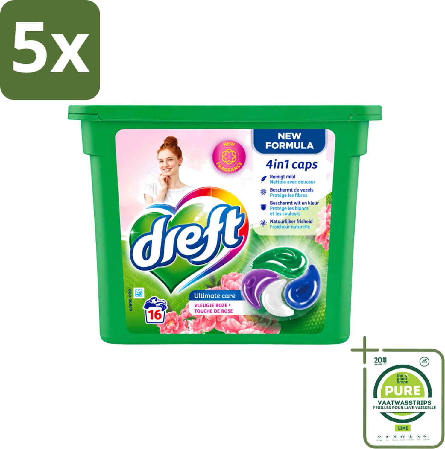 5 x Dreft - Nieuwe Formule - Wasmiddelcapsules 4in1 - Witte en Gekleurde Was - Vleugje Roze - 16 Wasbeurten - Grootverpakking - Vaatwasstrips - Wasmiddelcapsules - Wasbeurten - Kleurbescherming - Frisheid - Wasgoed