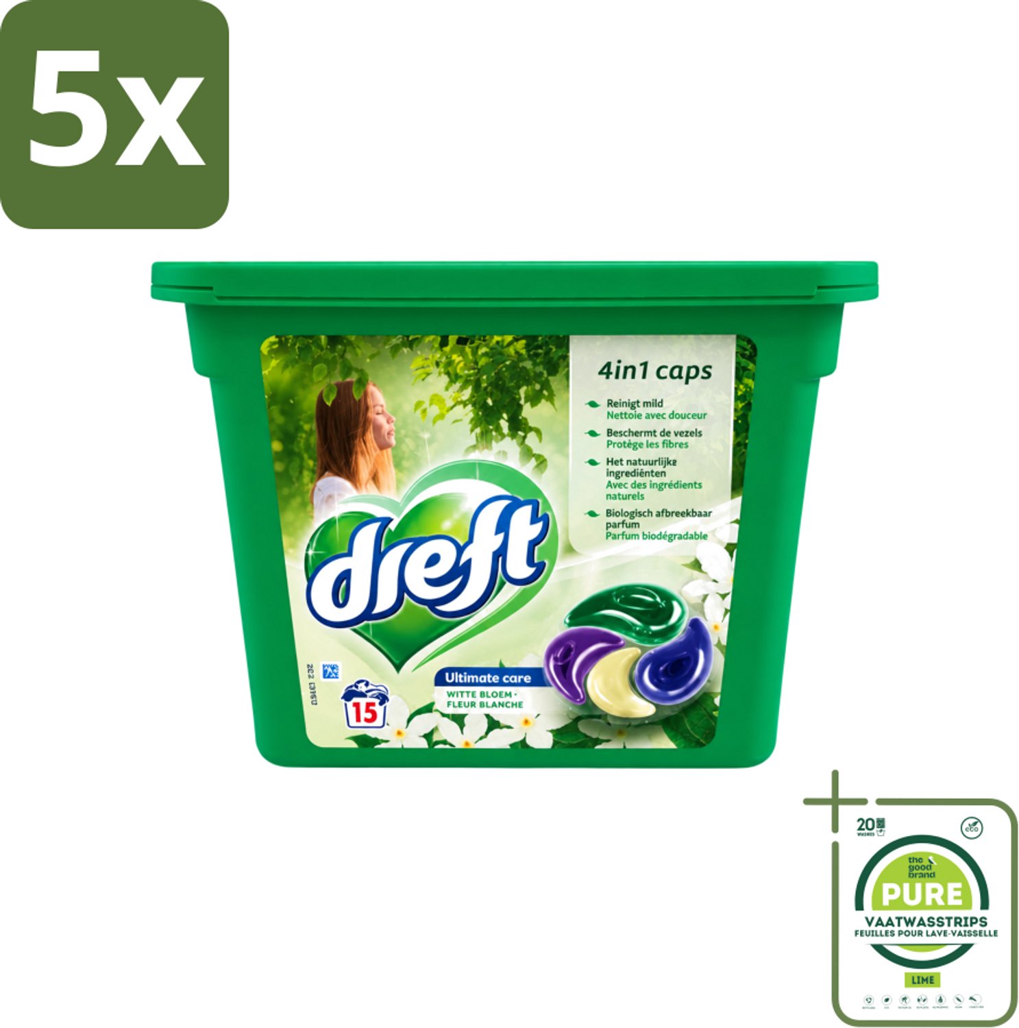 5 x Dreft - Wasmiddelcapsules 4in1 - Witte en Gekleurde Was - Witte Bloem - 15 Wasbeurten - Grootverpakking - Vaatwasstrips - Wasmiddelcapsules - Witte Bloem - Was - Kleurenbeschermer - Vlekkenverwijderer