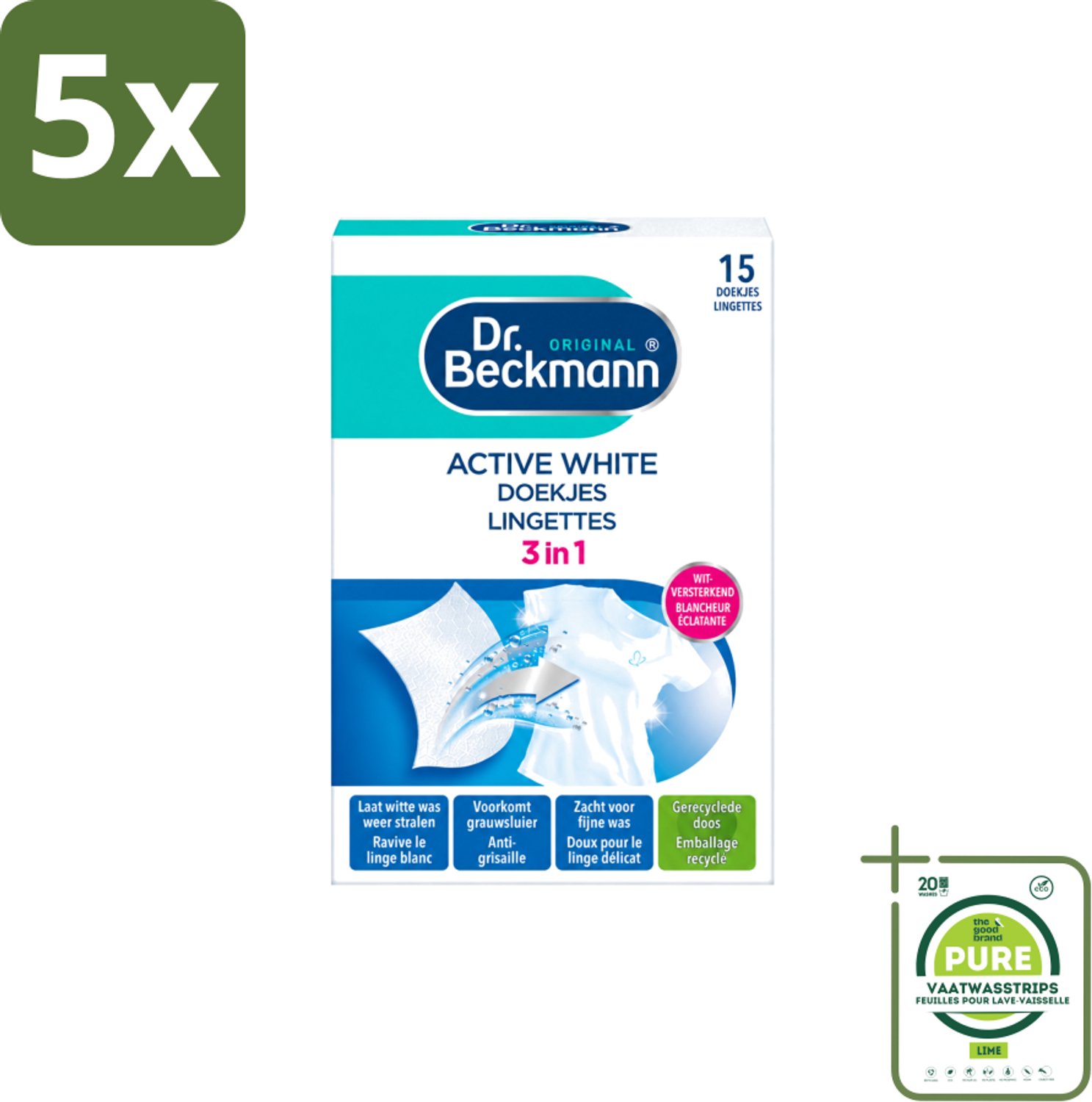 5 x Dr. Beckmann - Kleurverzorging - Active White - Witte Was - 15 Doekjes - Grootverpakking - Vaatwasstrips - Witwas - Grauwsluier Verwijderen - Witte Was Herstellen - Actieve Witmaker - Was Reinigen