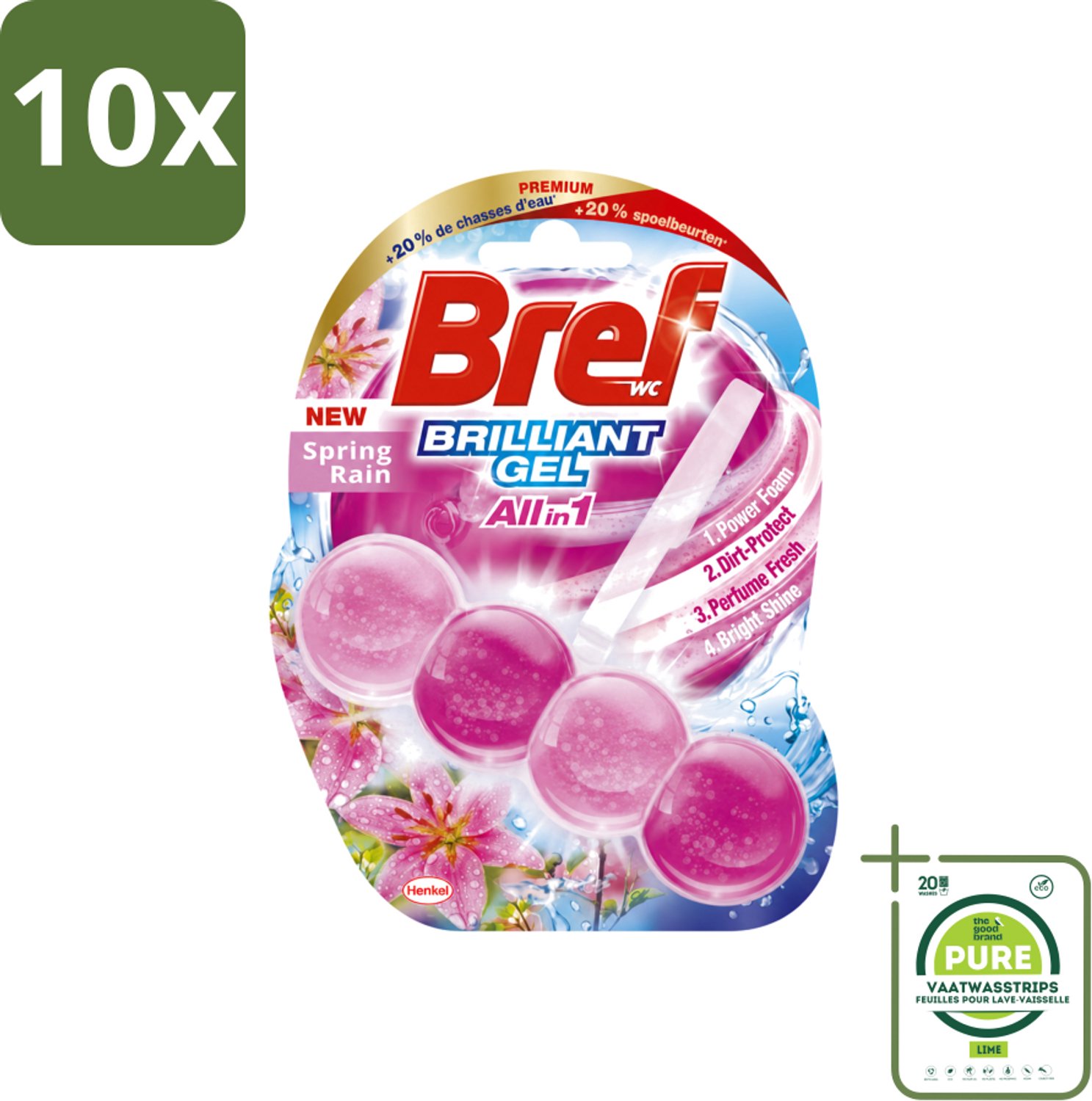 10 x Bref - Toiletblok - Brilliant Gel - Spring Rain - 42g - Grootverpakking - Vaatwasstrips - Toilet Reinigen - Toilet Fris - Toilet Glans - Toilet Hygiëne - Toilet Schoon