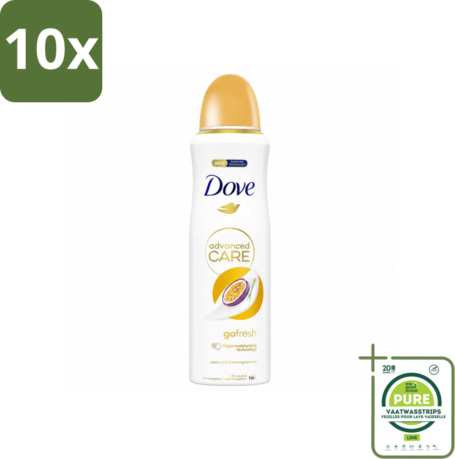 10 x Dove – Deodorant Spray – Go Fresh Passievrucht – 200 ml - Grootverpakking - Vaatwasstrips - Anti-transpirant - Deodorant Spray - Passievrucht - Zweetbestendig - Frisheid