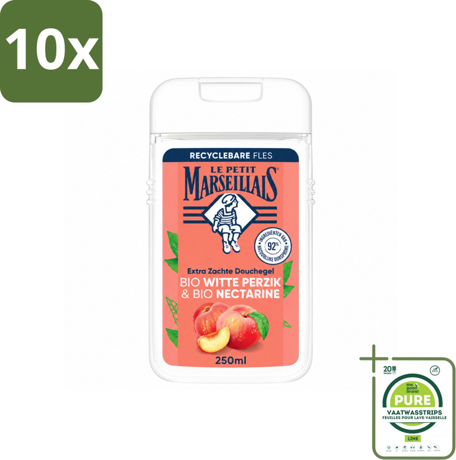 10 x Le Petit Marseillais – Douchegel – Bio Perzik & Nectarine – Verfrissend – 250 ml - Grootverpakking - Vaatwasstrips - Douchegel Bio Perzik En Nectarine - Frisse Douchegel - Bio Douchegel - Fruitige Douchegel - Perzik En Nectarine Douchegel
