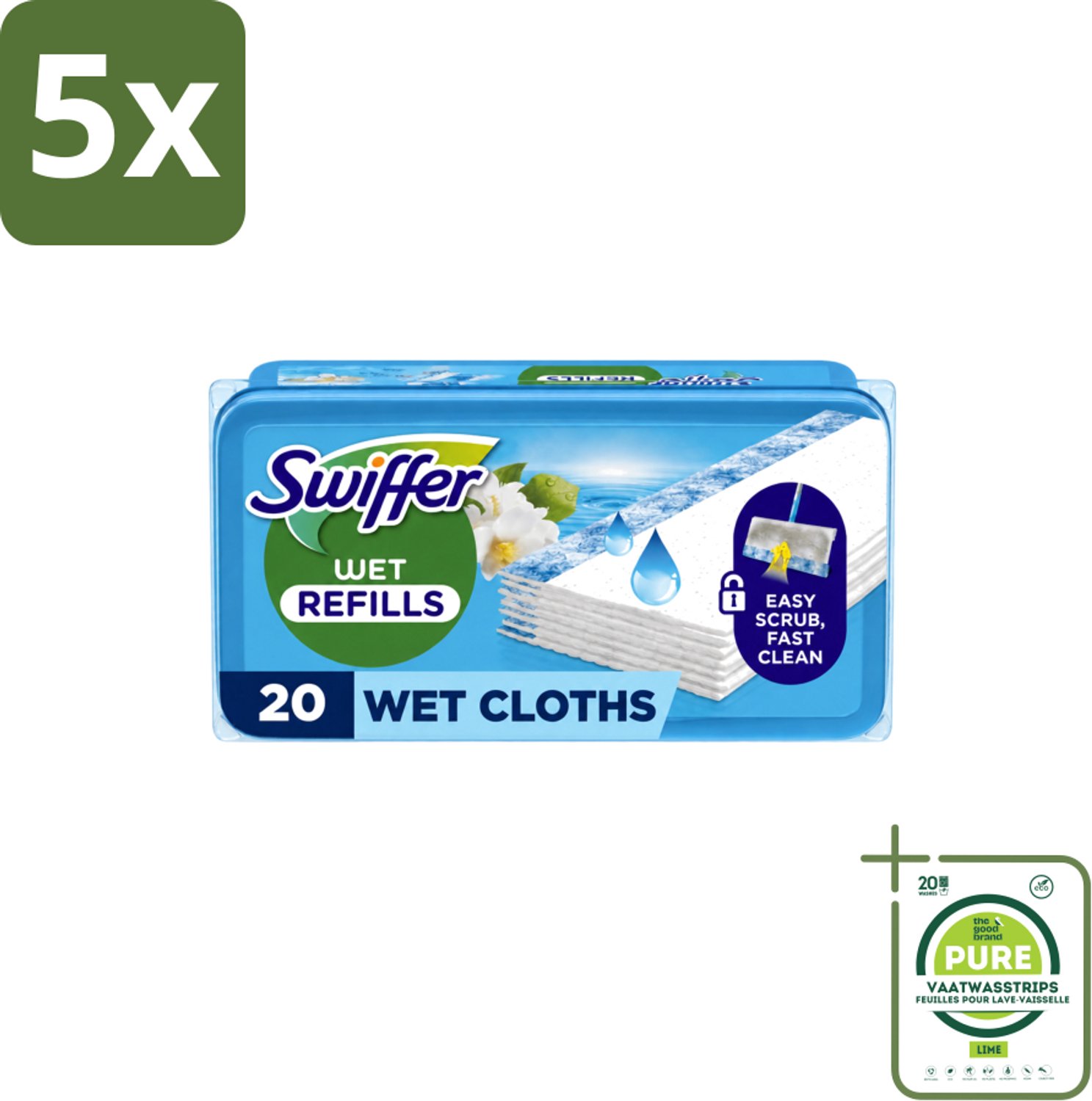 5 x Swiffer - Vloerdoekjes – Morning Fresh – 20 doekjes - Grootverpakking - Vaatwasstrips - Vloerdoekjes Navullingen - Schoonmaken Vloer - Vuil Oplossen - Schrobdoekjes - Frisse Geur