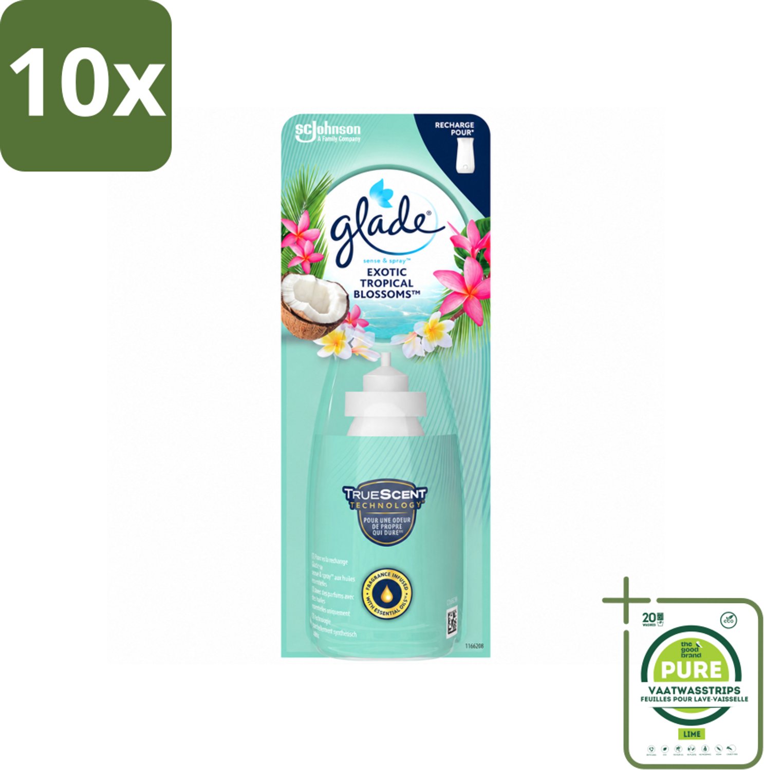 10 x Glade – Sense & Spray Navulling – Exotic Tropical Blossoms – 18 ml - Grootverpakking - Vaatwasstrips - Tropische Geur - Bewegingssensor - Kokos En Bloemen - Luchtverfrisser - Exotische Geur