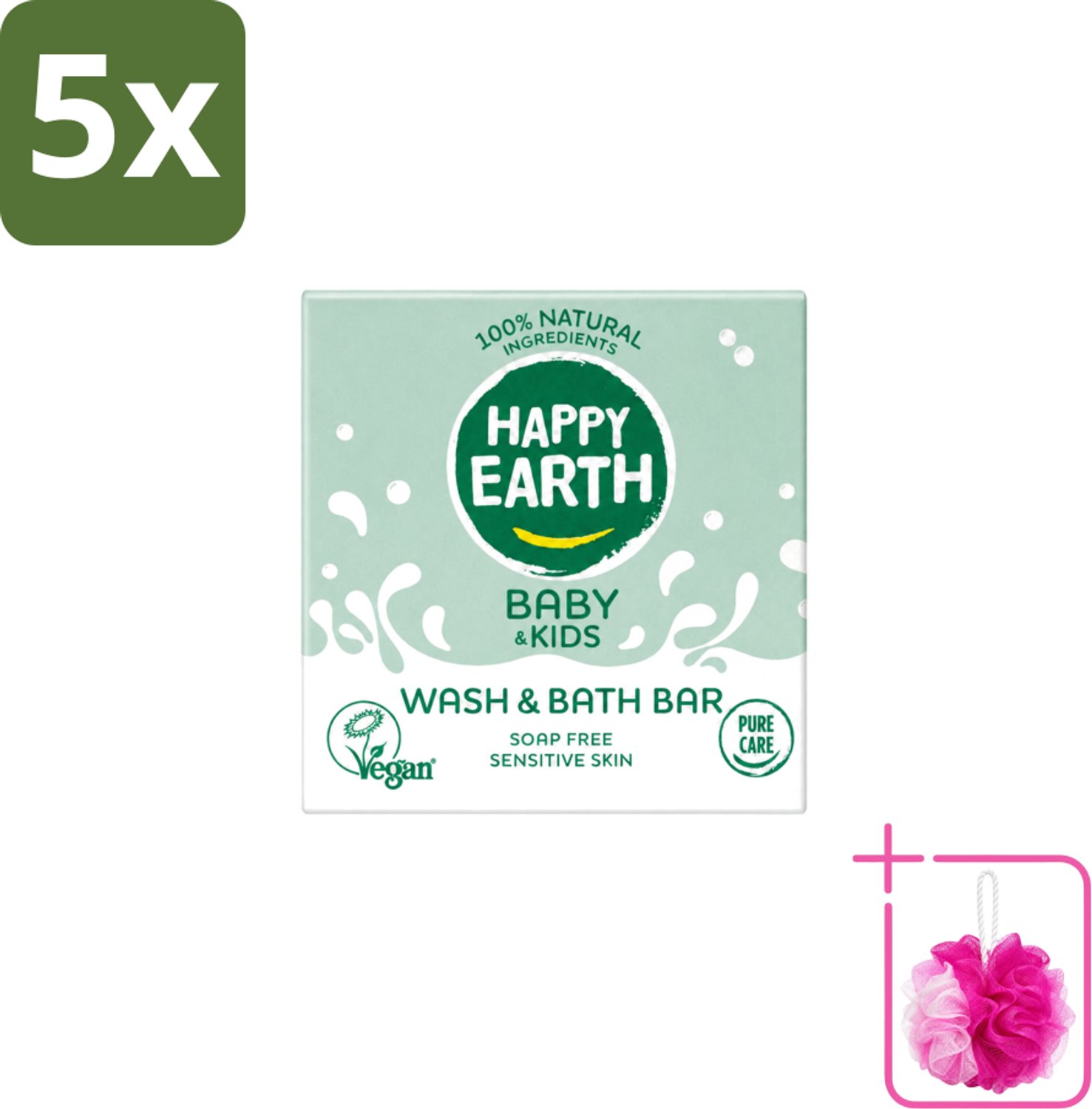 5 x Happy Earth – Wash & Bath Bar – 100% Natuurlijk Baby & Kids – 50 g - Bulkverpakking - Baby wasbar - Douchemop - Kind badbar