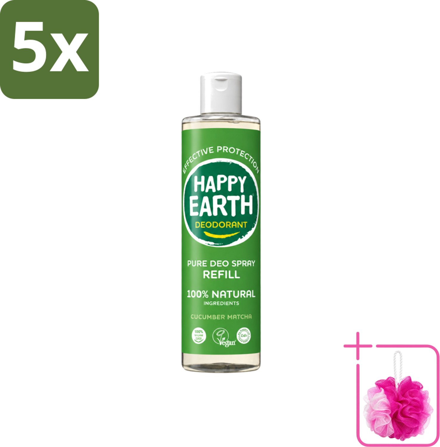 5 x Happy Earth – Deodorant Spray Navulling – 100% Natuurlijk Cucumber Matcha – 300 ml - Bulkverpakking - Deodorant - Douchemop - Frisheid