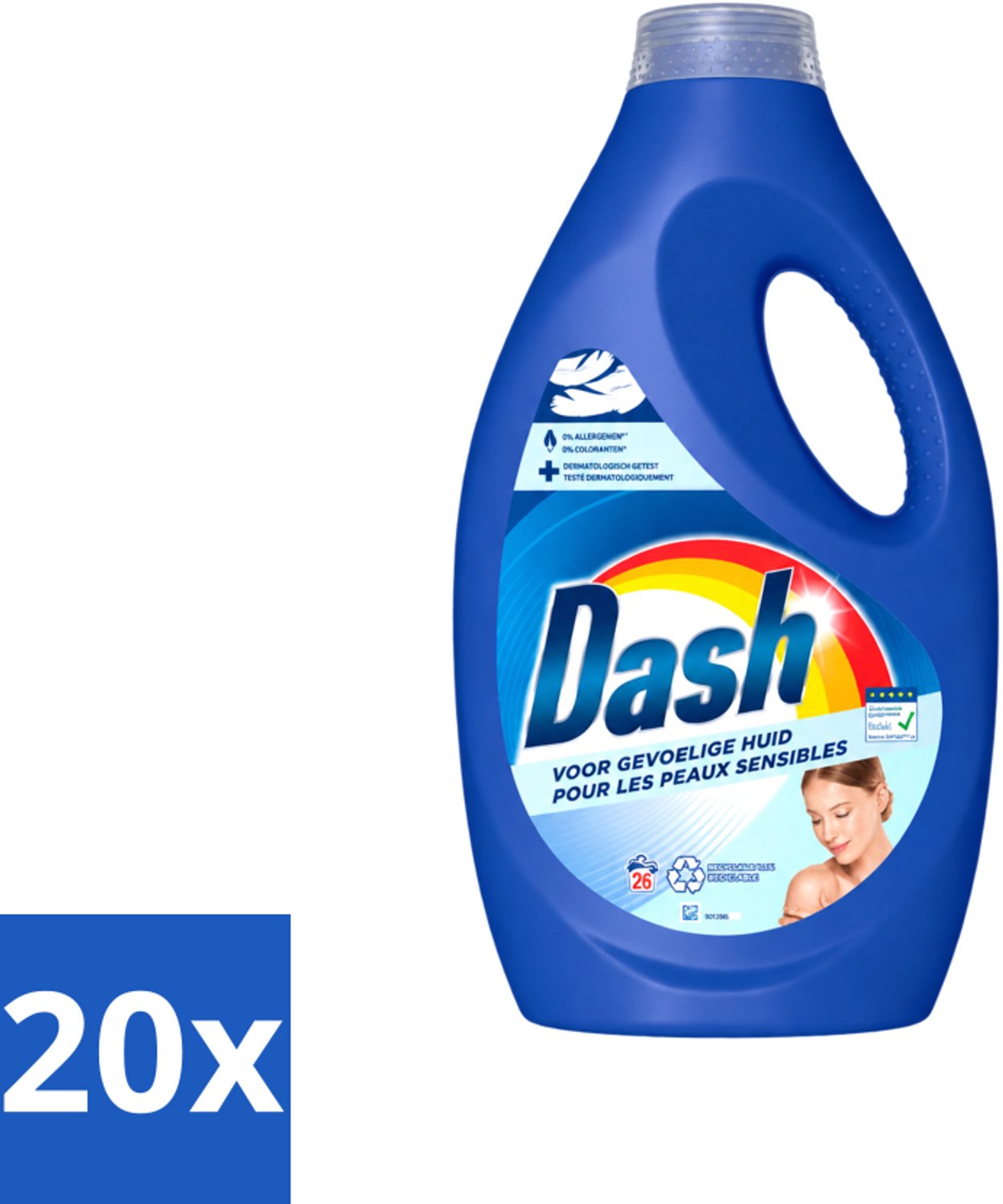 20 x Dash Sensitive - Vloeibaar Wasmiddel - Voor Gevoelige Huid - Witte en Gekleurde Was - 26 Wasbeurten - Voordeelverpakking - 20 stuks