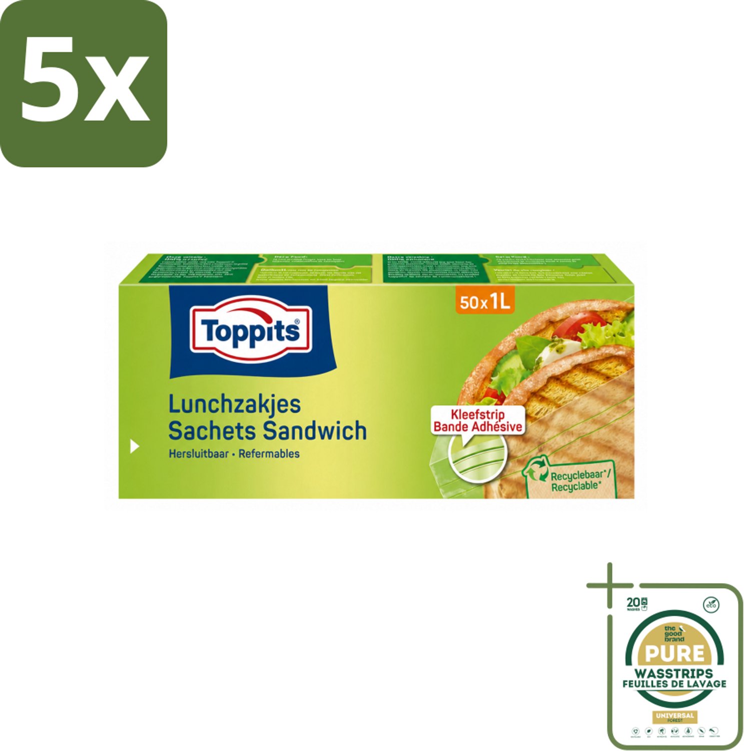 5 x Toppits – Lunchzakjes – Hersluitbaar – 1 Liter – 50 Zakjes - Wasstrips - Sandwichzakjes - Lunchzakjes - Versheid - Lekvrij - Hygiëne