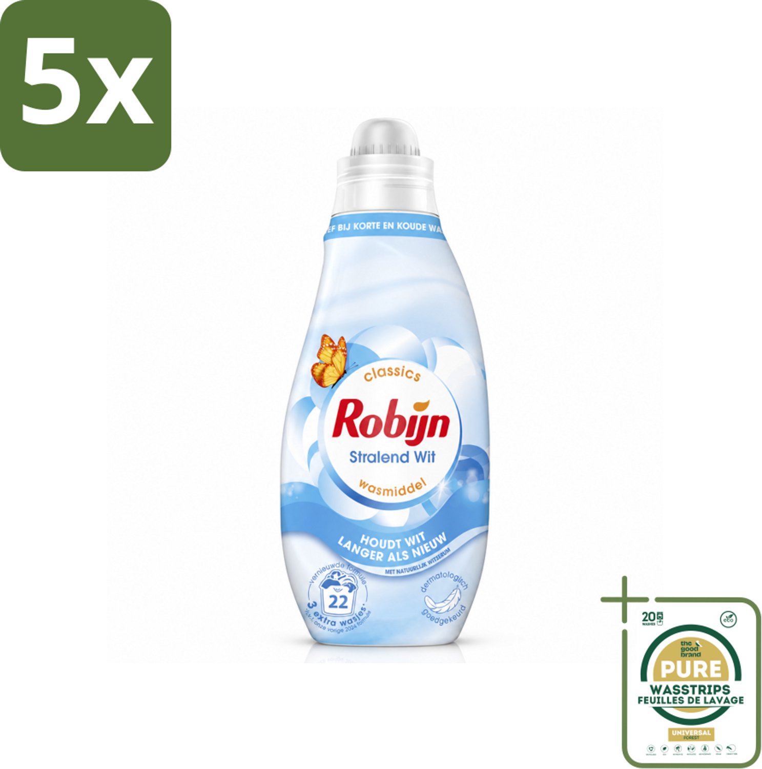 5 x Robijn – Vloeibaar Wasmiddel – Klein & Krachtig Classics Stralend Wit - 665 ml - Wasstrips - Wit Wasmiddel - Wit En Licht Was - Witserum - Koud Wasmiddel - Korte Wasbeurten