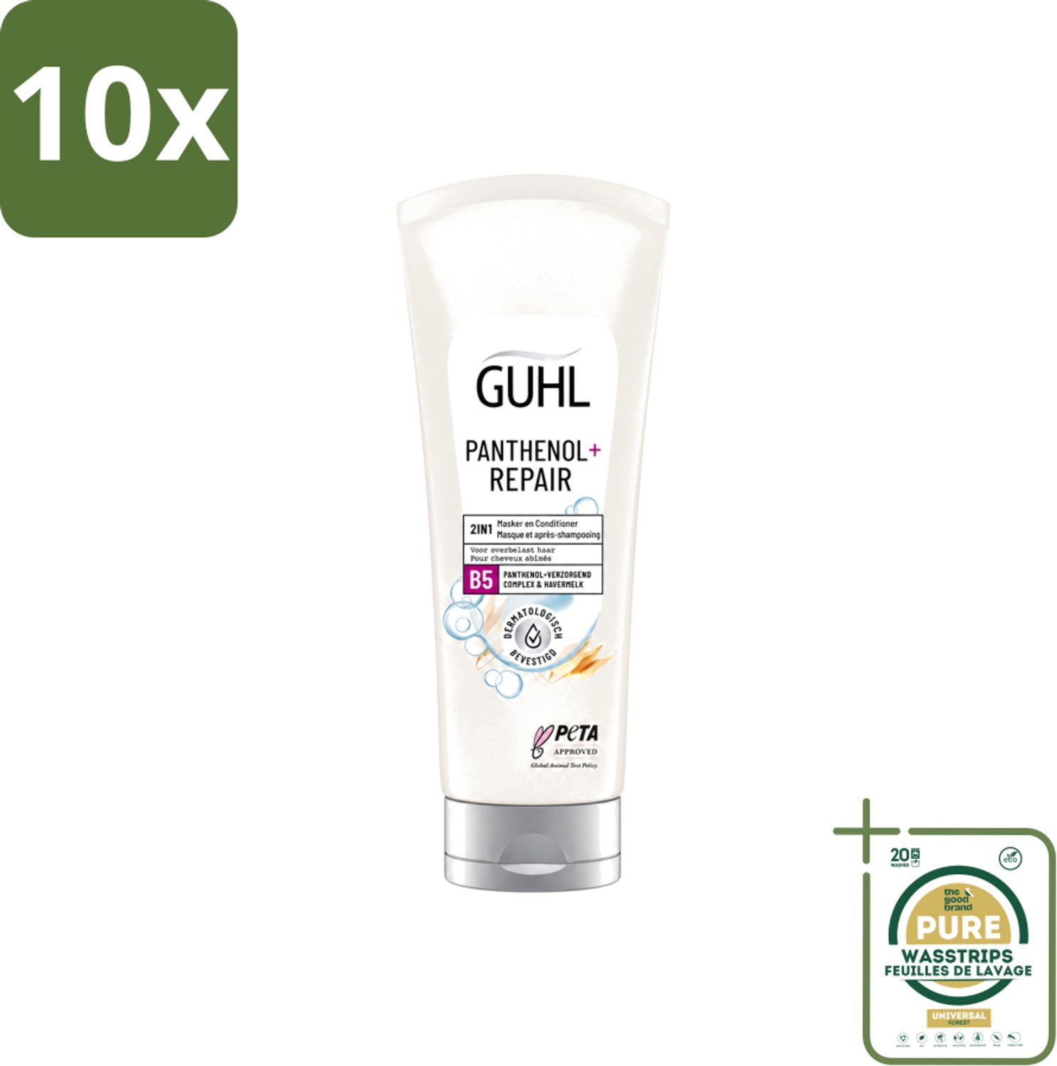 10 x Guhl – 2-in-1 Masker & Conditioner – Panthenol+Repair – 200 ml - Wasstrips - Haarmasker - Conditioner - Panthenol - Haarverzorging - Haarherstel