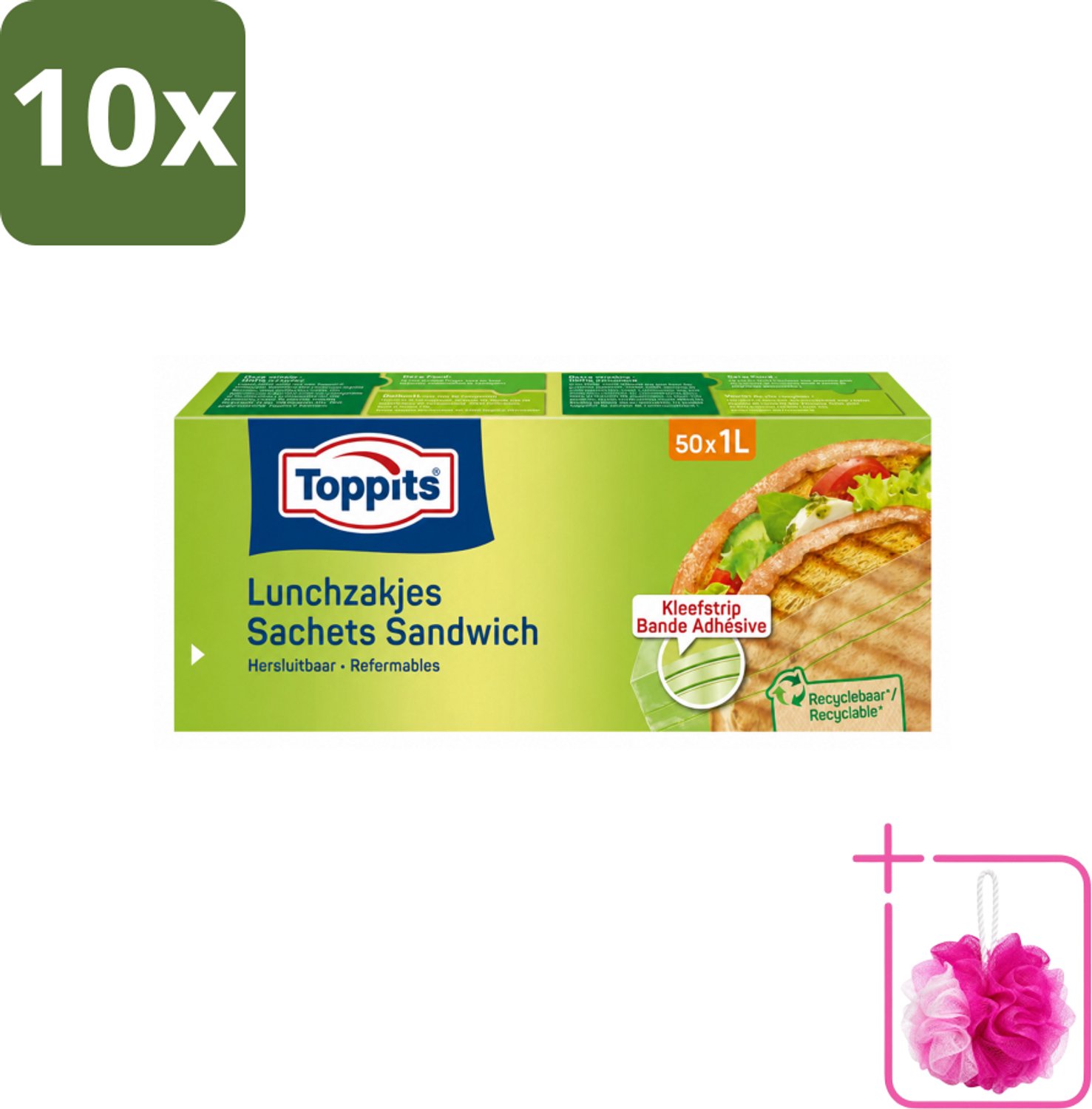 10 x Toppits – Lunchzakjes – Hersluitbaar – 1 Liter – 50 Zakjes - Bulkverpakking - Sandwichzakjes - Douchemop - Lunchzakjes