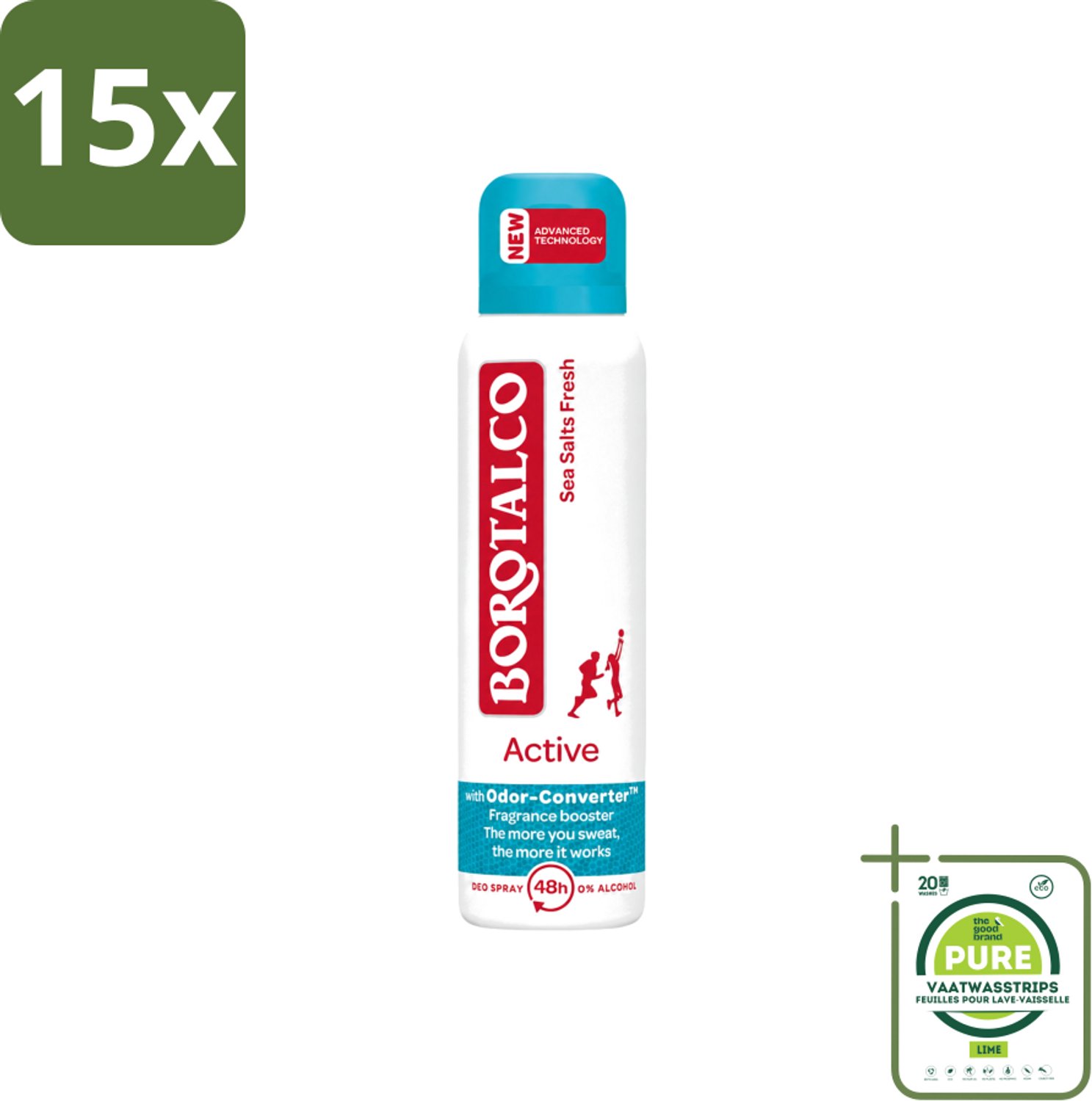 15 x Borotalco - Deodorant Spray - Active - Sea Salts Fresh - 0% Alcohol - 150 ml - Grootverpakking - Vaatwasstrips - Zweetgeur Bestrijding - Zeezout Geur - Deodorant Spray - Frisse Geur - Gevoelige Huid
