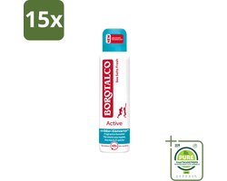 15 x Borotalco - Deodorant Spray - Active - Sea Salts Fresh - 0% Alcohol - 150 ml - Grootverpakking - Vaatwasstrips - Zweetgeur Bestrijding - Zeezout Geur - Deodorant Spray - Frisse Geur - Gevoelige Huid