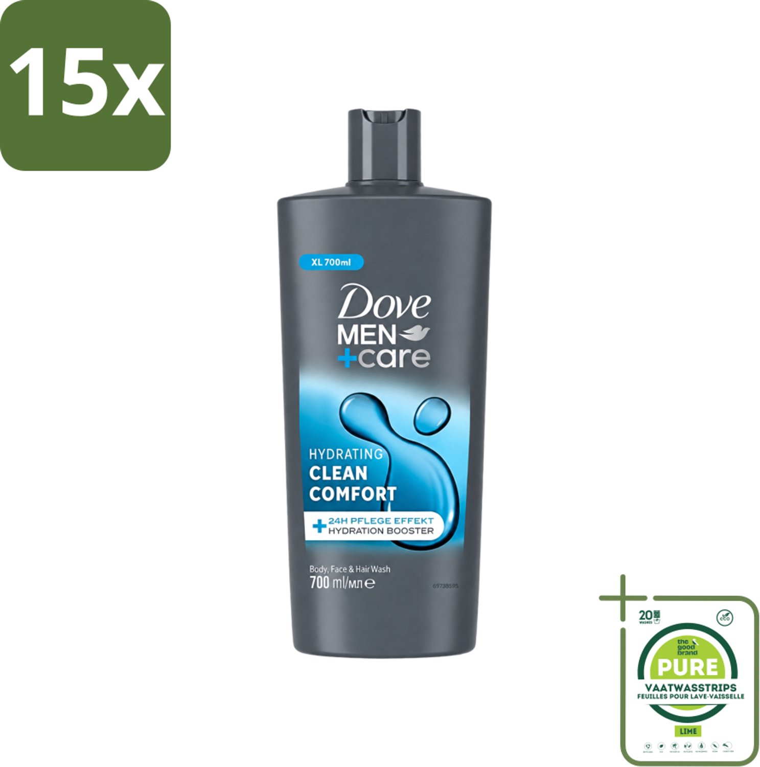15 x Dove Men+Care - Clean Comfort - 3-in-1 Douchegel - Hydraterend- 700 ml - Grootverpakking - Vaatwasstrips - Douchegel Voor Mannen - Lichaamsgel - Gezichtsgel - Haarverzorging - Hydraatende Douchegel
