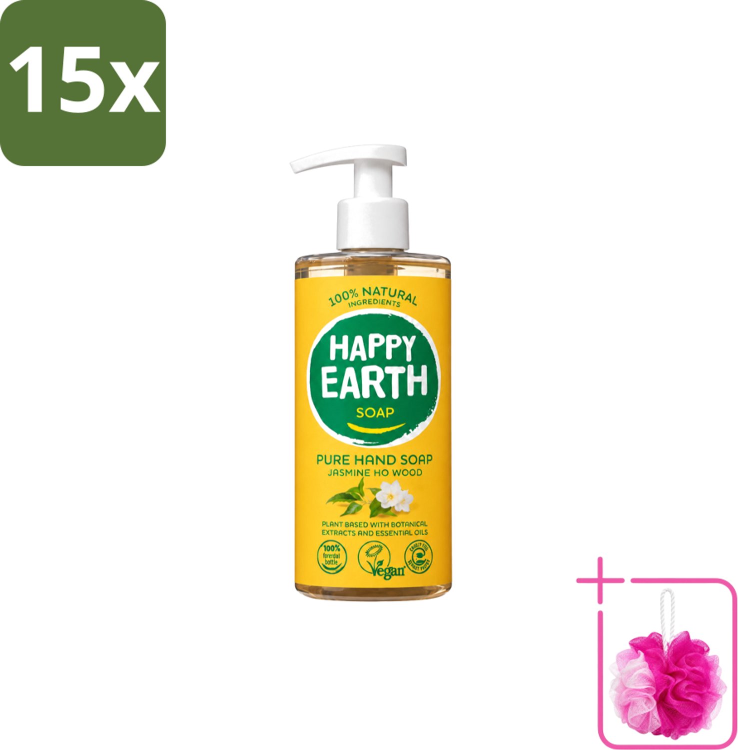 15 x Happy Earth – Handzeep – 100% Natuurlijk Jasmine Ho Wood – 300 ml - Bulkverpakking - Natuurlijke handzeep - Douchemop - Vegan handzeep