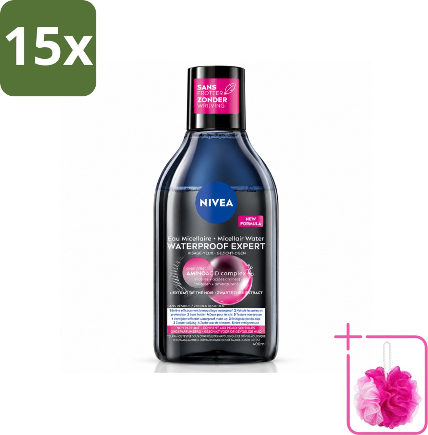 15 x NIVEA – Micellair Reinigingswater – Waterproof Expert – 400 ml - Bulkverpakking - Reiniging make-up - Douchemop - Make-up verwijderen