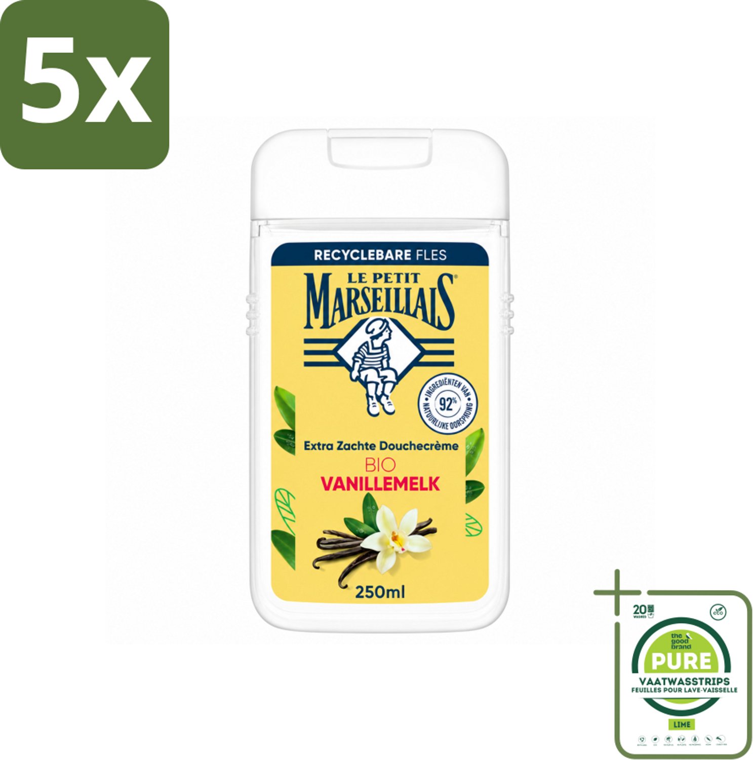 5 x Le Petit Marseillais – Douchecrème – Lait de Vanille Bio – Extra zacht – 250 ml - Grootverpakking - Vaatwasstrips - Douchecrème - Vanille - Bio - Huid Verzorgen - Natuurlijke Douchecrème