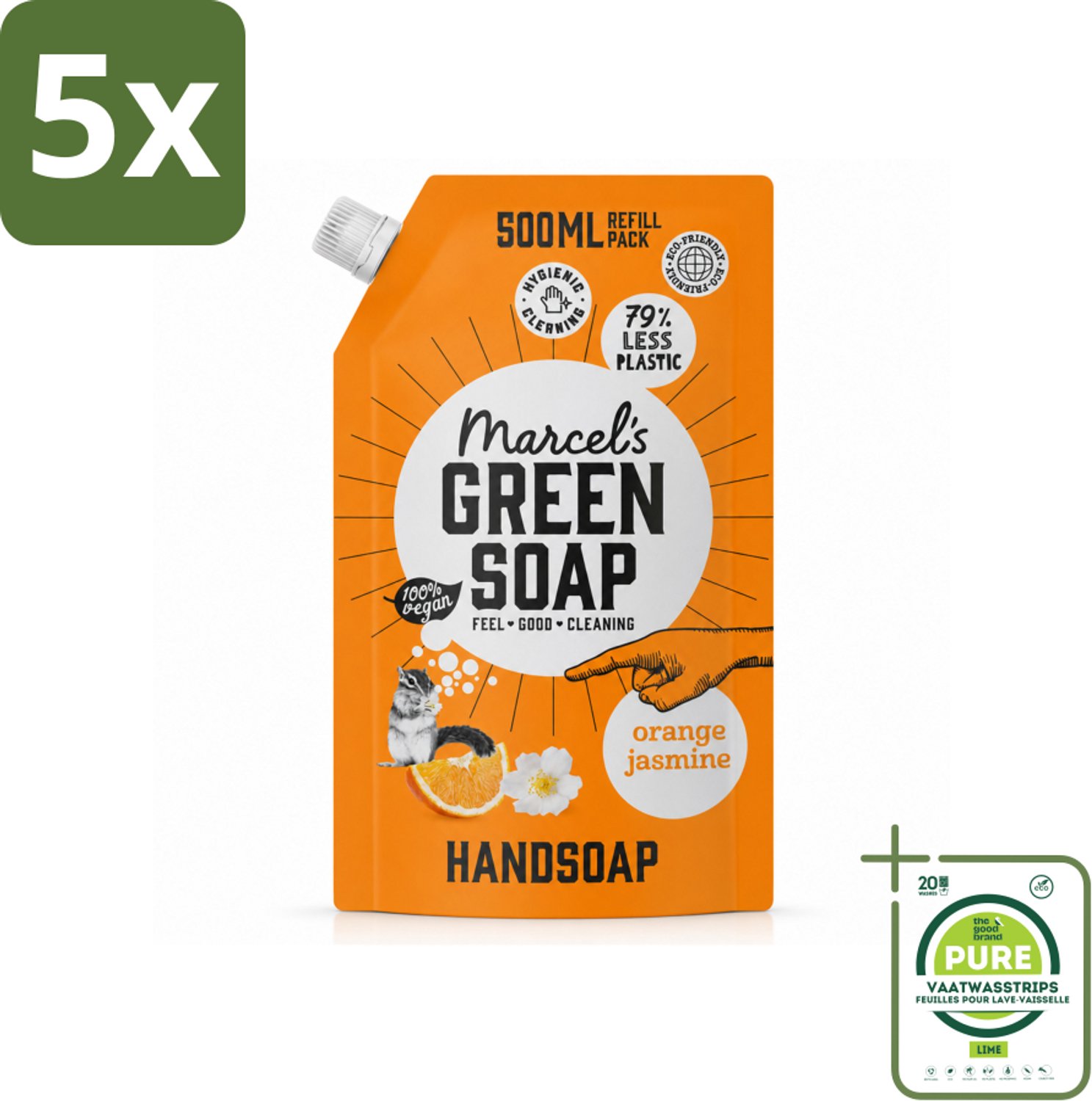 5 x Marcel’s Green Soap – Handzeep Navulling – Sinaasappel & Jasmijn – 500 ml - Grootverpakking - Vaatwasstrips - Handzeep - Sinaasappel - Jasmijn - Natuurlijke Handzeep - Biologische Handzeep