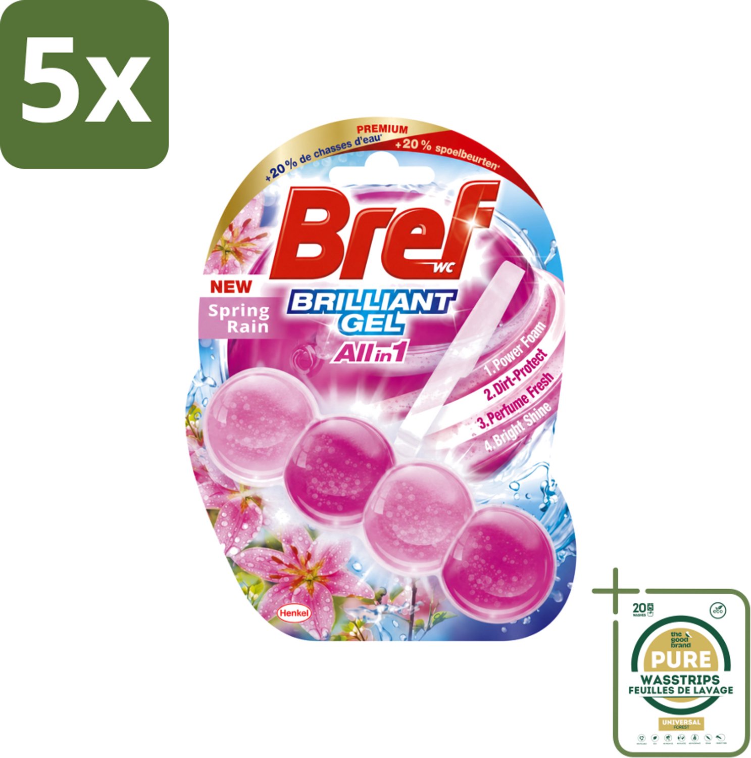5 x Bref - Toiletblok - Brilliant Gel - Spring Rain - 42g - Wasstrips - Toiletblok - Toilet Reinigen - Toilet Fris - Toilet Glans - Toilet Hygiëne