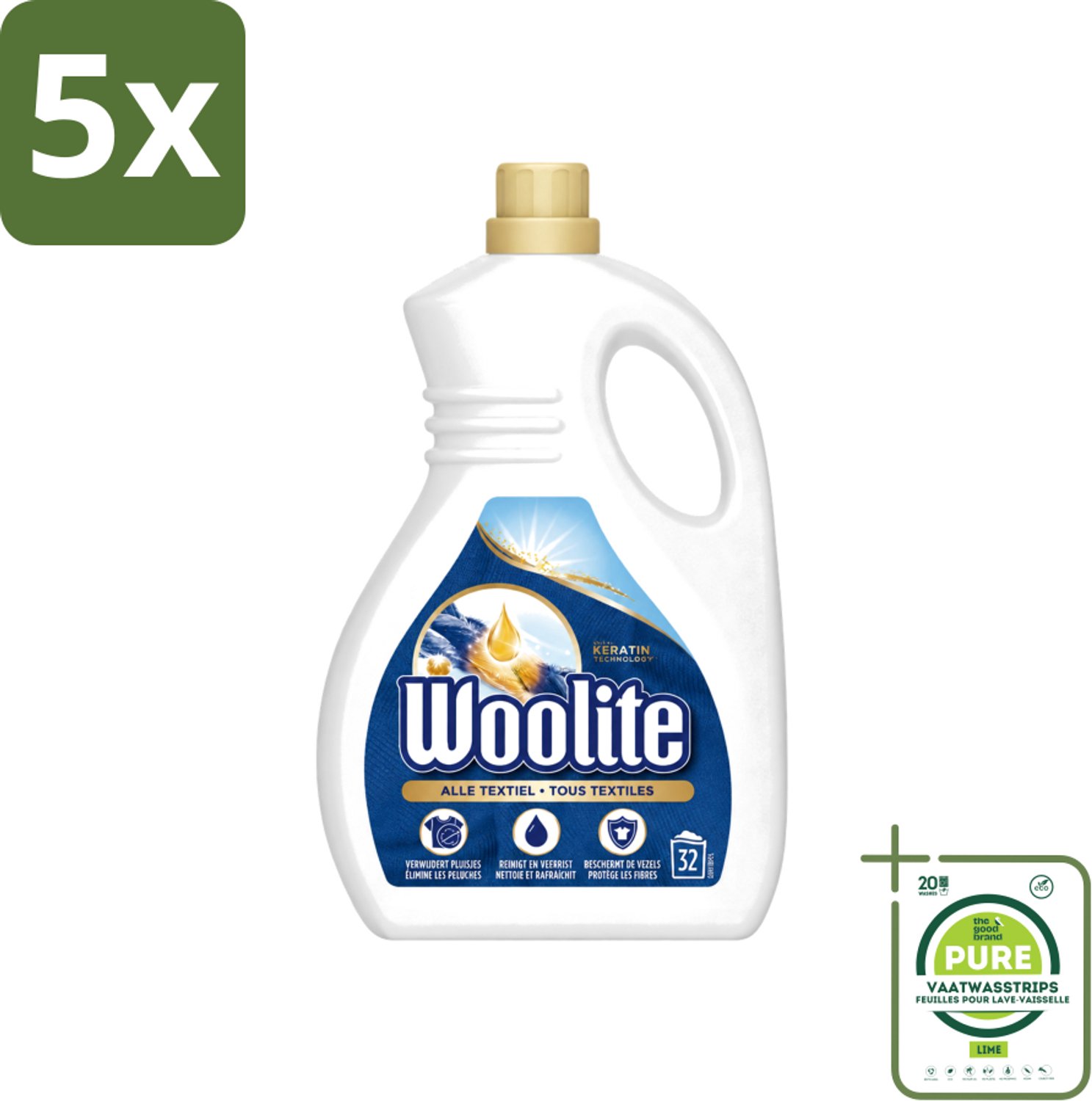 5 x Woolite Textile - Vloeibaar Wasmiddel - Met Keratine - Textiel Was - 32 Wasbeurten - 1,9L - Grootverpakking - Vaatwasstrips - Textiel Wasmiddel - Keratine Wasmiddel - Wasmiddel Voor Kleding - Wasmiddel Voor Textiel - Wasmiddel Met Keratine
