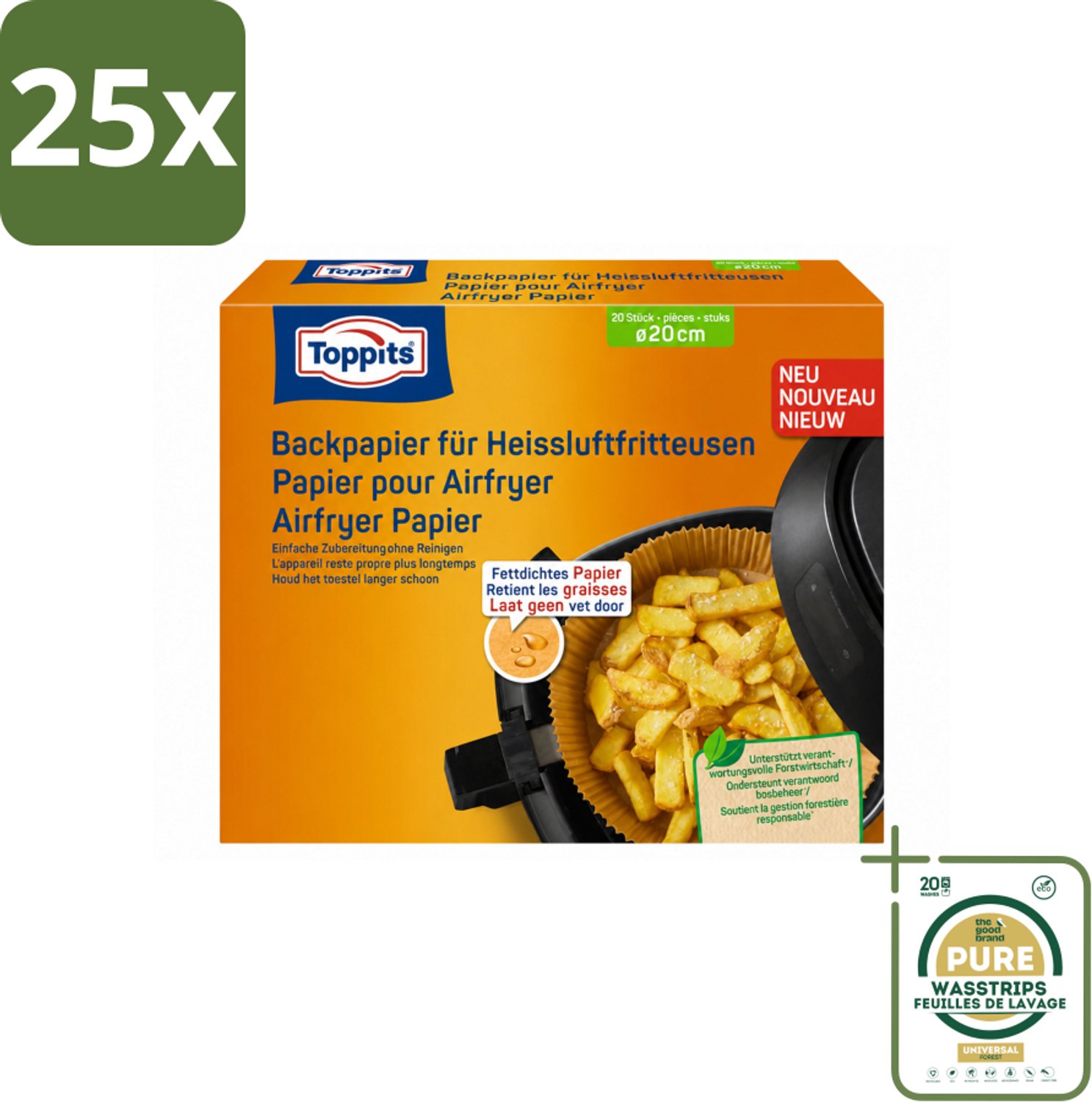 25 x Toppits – Airfryer Papier – 20 cm – 20 Zakjes - Wasstrips - Airfryer Bakpapier - Bakpapier Airfryer - Airfryer Papier - Gezond Bakpapier - Vetabsorberend Papier