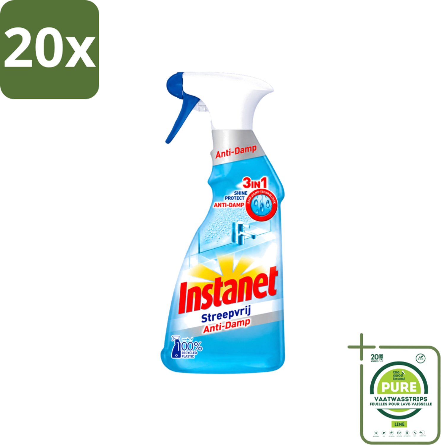 20 x Instanet - Schoonmaakspray - Anti-Damp - Streepvrij - 3in1 - 500 ml - Grootverpakking - Vaatwasstrips - Schoonmaak Spray - Anti-damp - Streepvrij - Ramen Reinigen - Glanzend Resultaat
