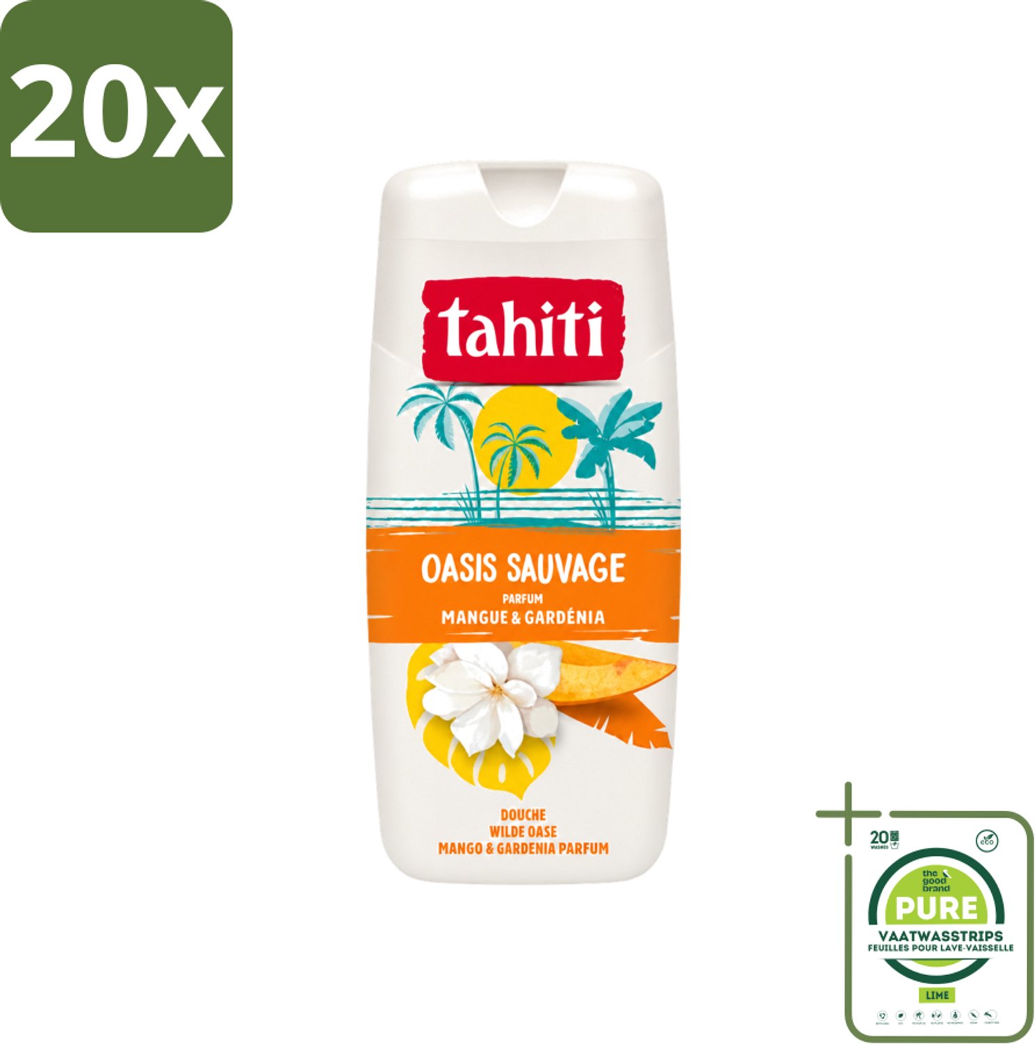 20 x Tahiti - Douchegel - Wilde Oase - Mango & Gardenia - 315 ml - Grootverpakking - Vaatwasstrips - Douchegel - Mango - Gardenia - Tropisch - Geur