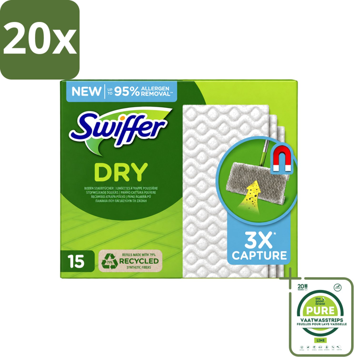 20 x Swiffer Dry - Vloerdoekjes - Navulling - Gerecyclede Fibers - 15 Doekjes - Grootverpakking - Vaatwasstrips - Stofwisdoekjes - Stof Opnemen - Stof Verwijderen - Schoonmaken - Vloer Reinigen