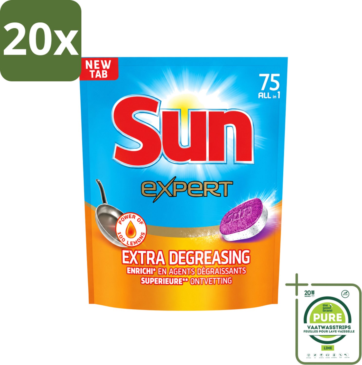 20 x Sun Expert - All-in-1 - Vaatwastabletten - Extra Ontvettend - 75 Tabletten - Grootverpakking - Vaatwasstrips - Vaatwastabletten - Vaatwasmiddel - Ontvetting - Vaatwasser - Vaat Reinigen