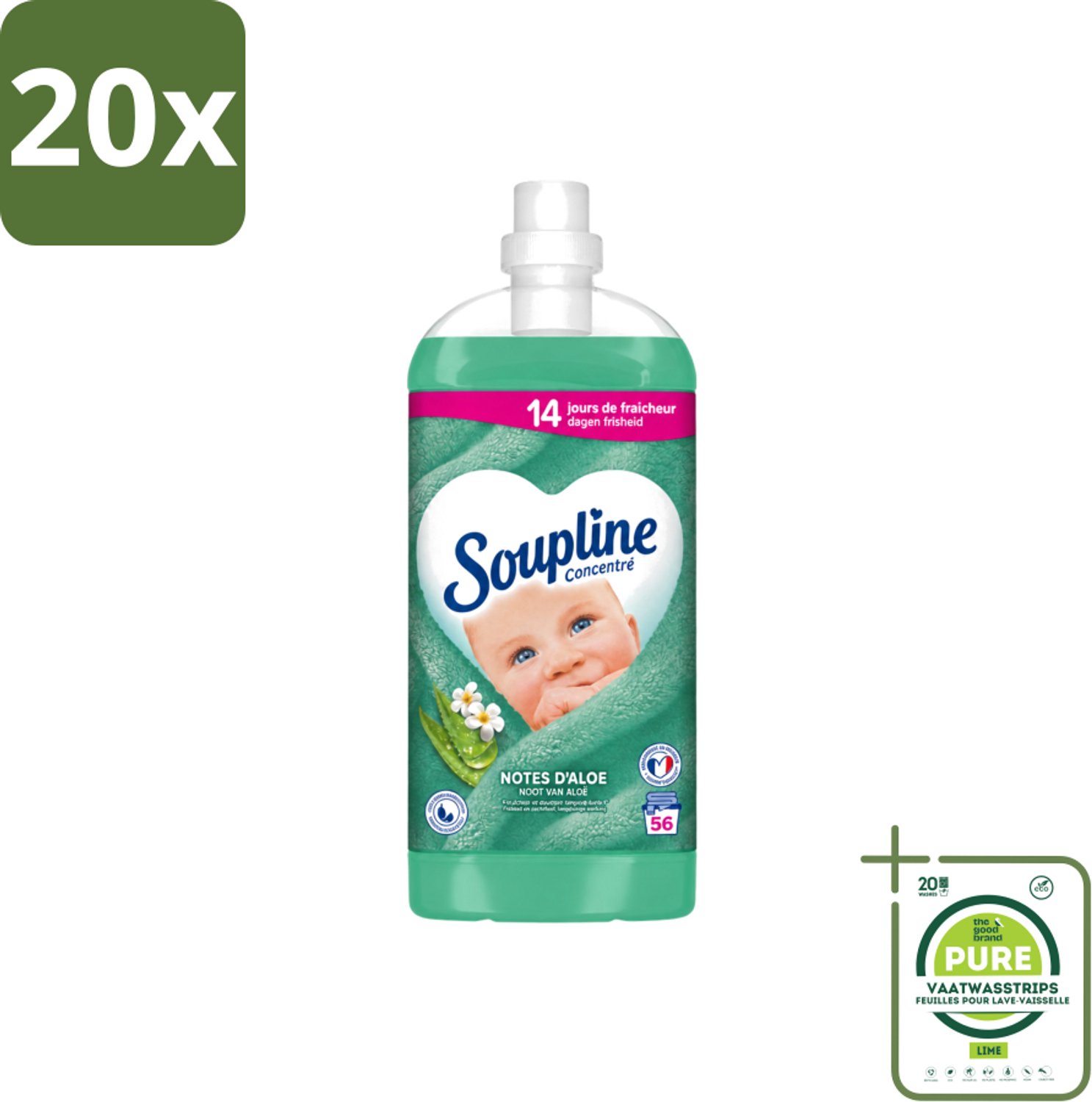 20 x Soupline - Wasverzachter - Aloë Vera - 56 Wasbeurten - 1.3L - Grootverpakking - Vaatwasstrips - Wasverzachter Aloë Vera - Frisse Geur - Zachte Kleding - 14 Dagen Frisheid - Natuurlijke Geur