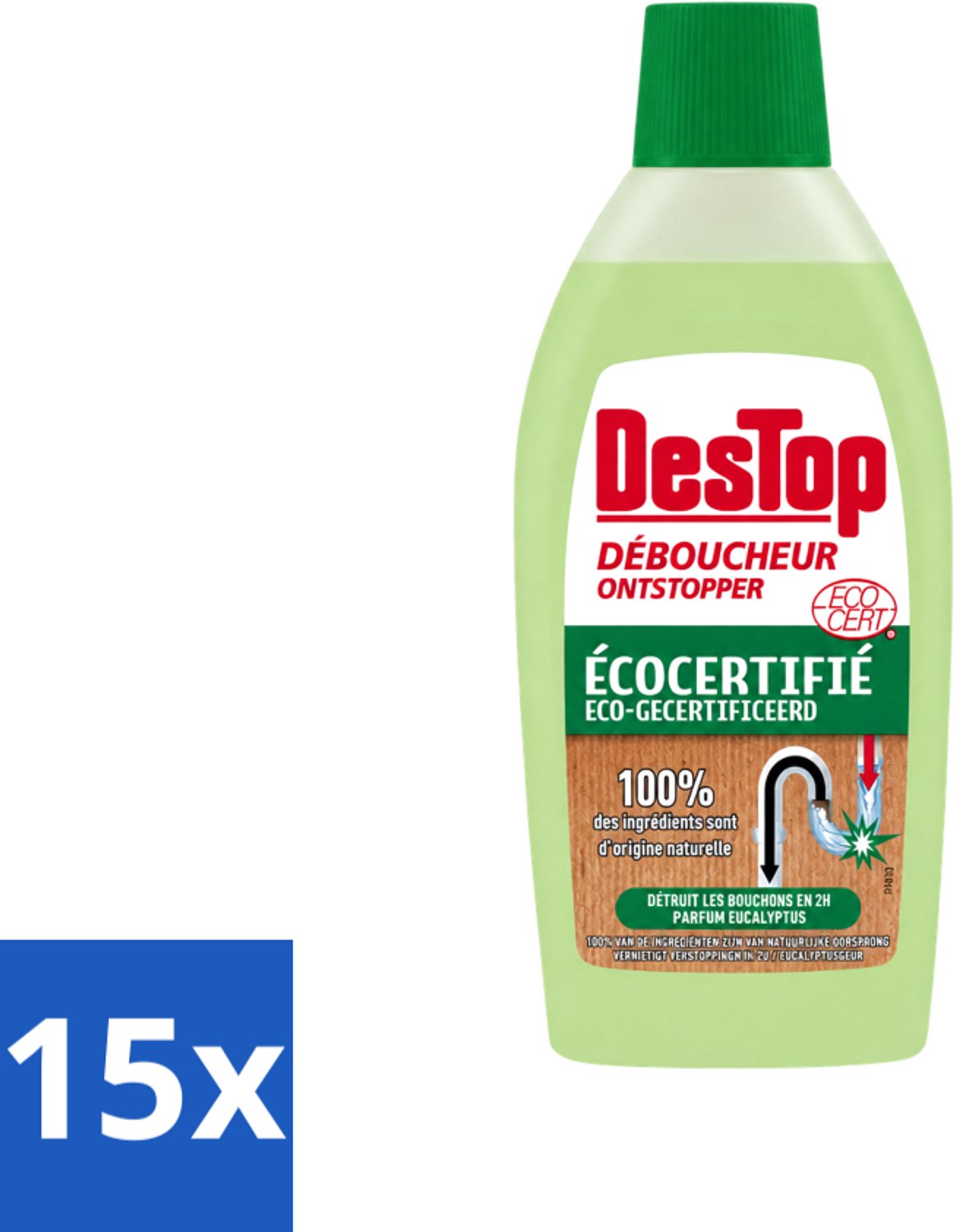 15 x DesTop - Onderhoud & Ontstop Leidingen - Biologische Ontstopper - Natuurlijke Ingrediënten - Eucalyptusgeur - 500 ml - Voordeelverpakking - 15 stuks