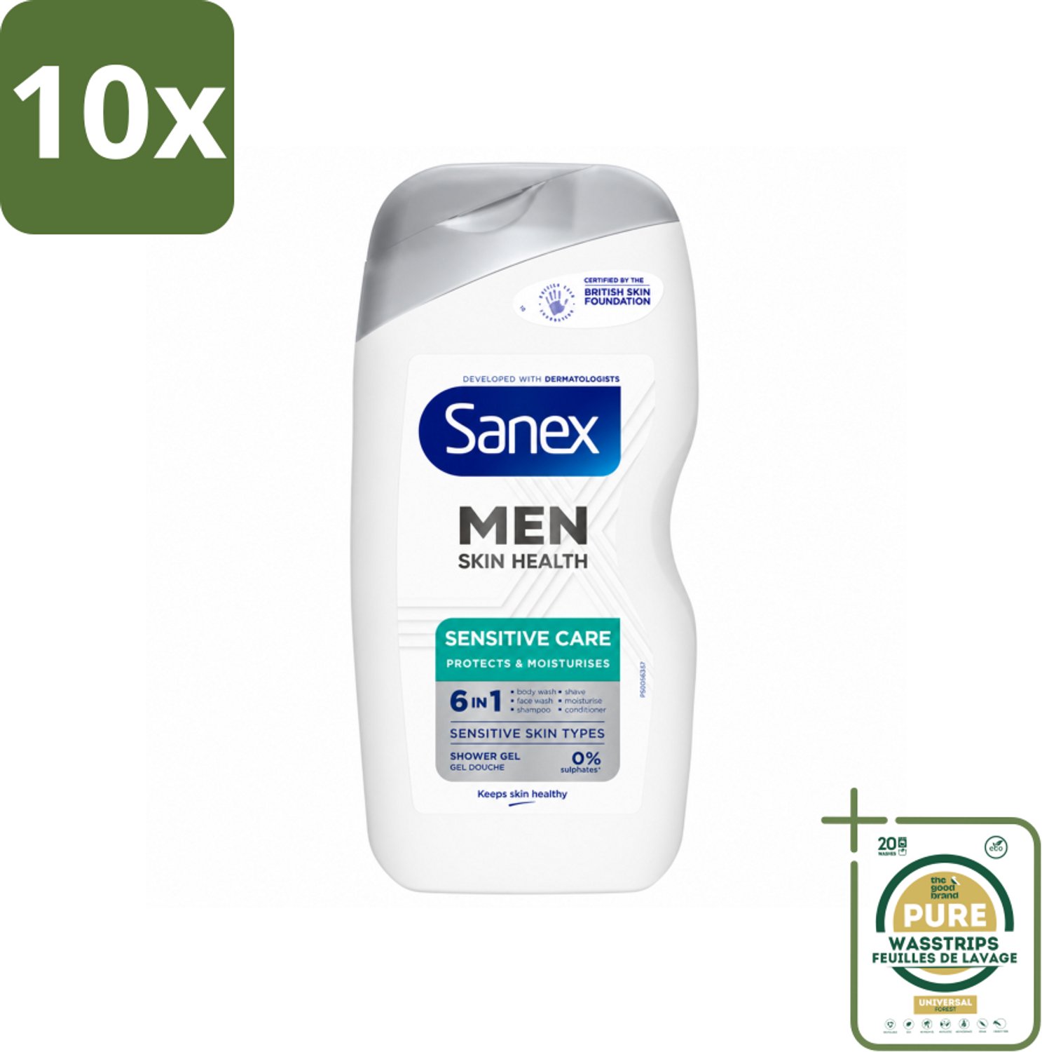 10 x Sanex – Douchegel – Men Sensitive – 400 ml - Wasstrips - Douchegel Mannen - Gevoelige Huid - Gevoelige Mannenhuid - Milde Douchegel - Gezichtsverzorging