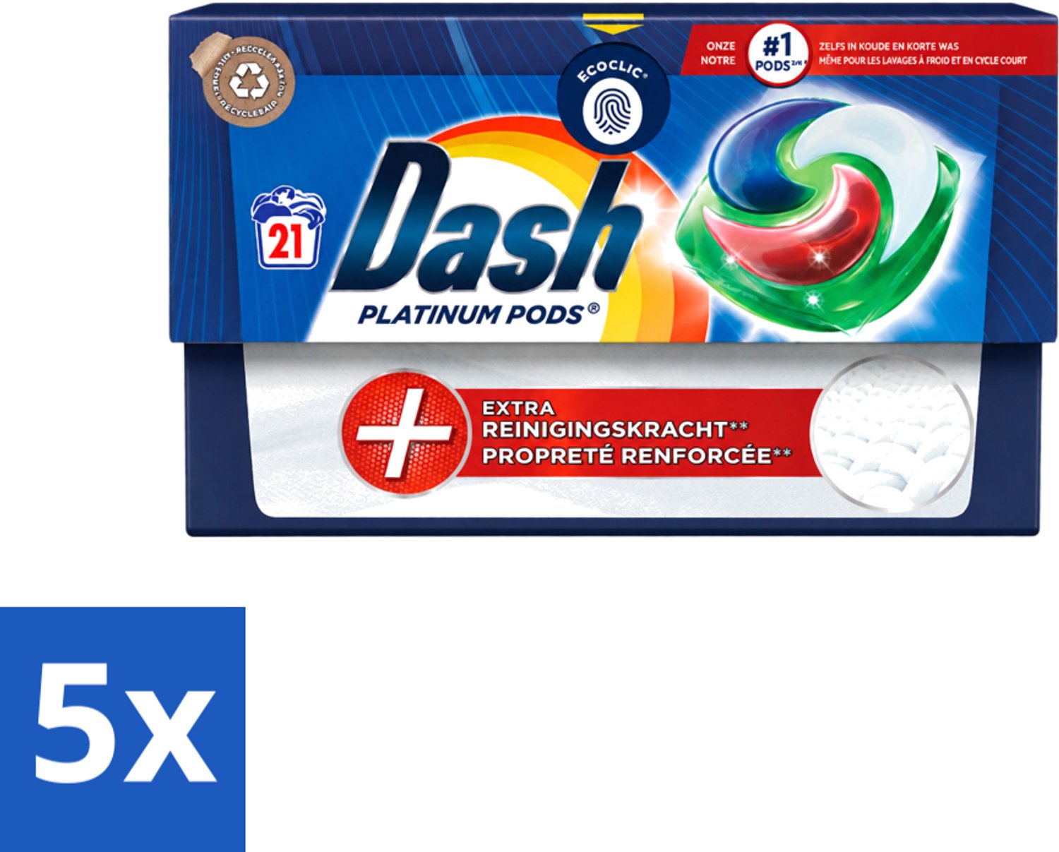 5 x Dash Platinum - Wasmiddel Capsules - Witte en Gekleurde Was - 21 Wasbeurten - Voordeelverpakking - 5 stuks