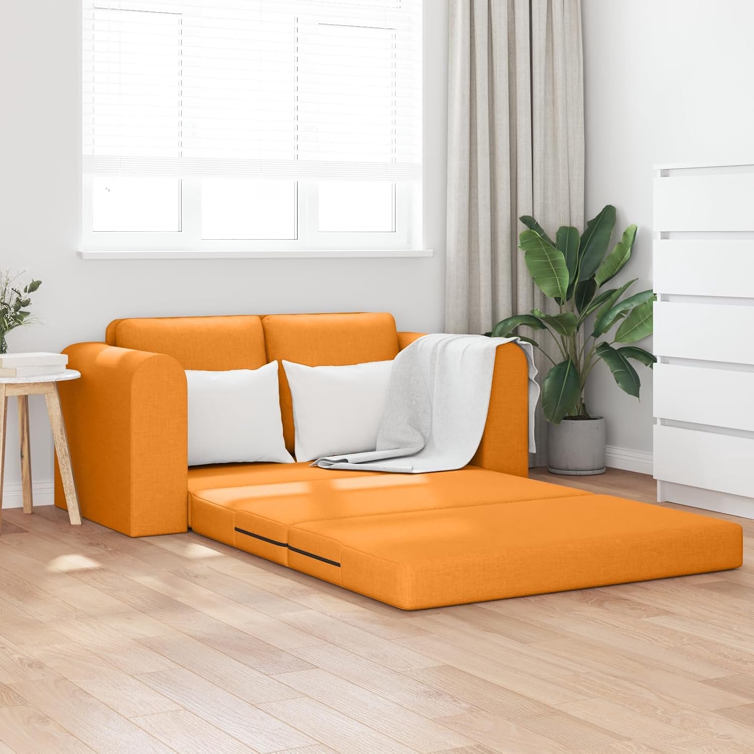 2-in-1, donkergeel, 148 x 71 x 83 cm, stof, liefdesbank met kussencomfort en eenvoudige reiniging, voor woonkamer en logeerkamer als gezellig logeerbed
