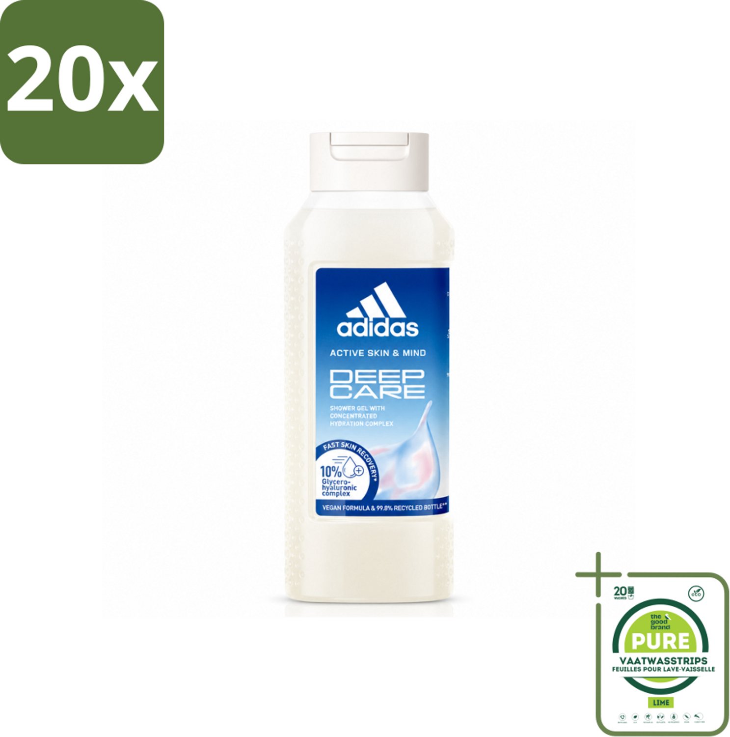 20 x Adidas – Douchegel – Active Skin & Mind Deep Care – 250 ml - Grootverpakking - Vaatwasstrips - Hydratatie Na Sport - Huid Verzorging - Douchegel - Actieve Huid - Vegan Douchegel