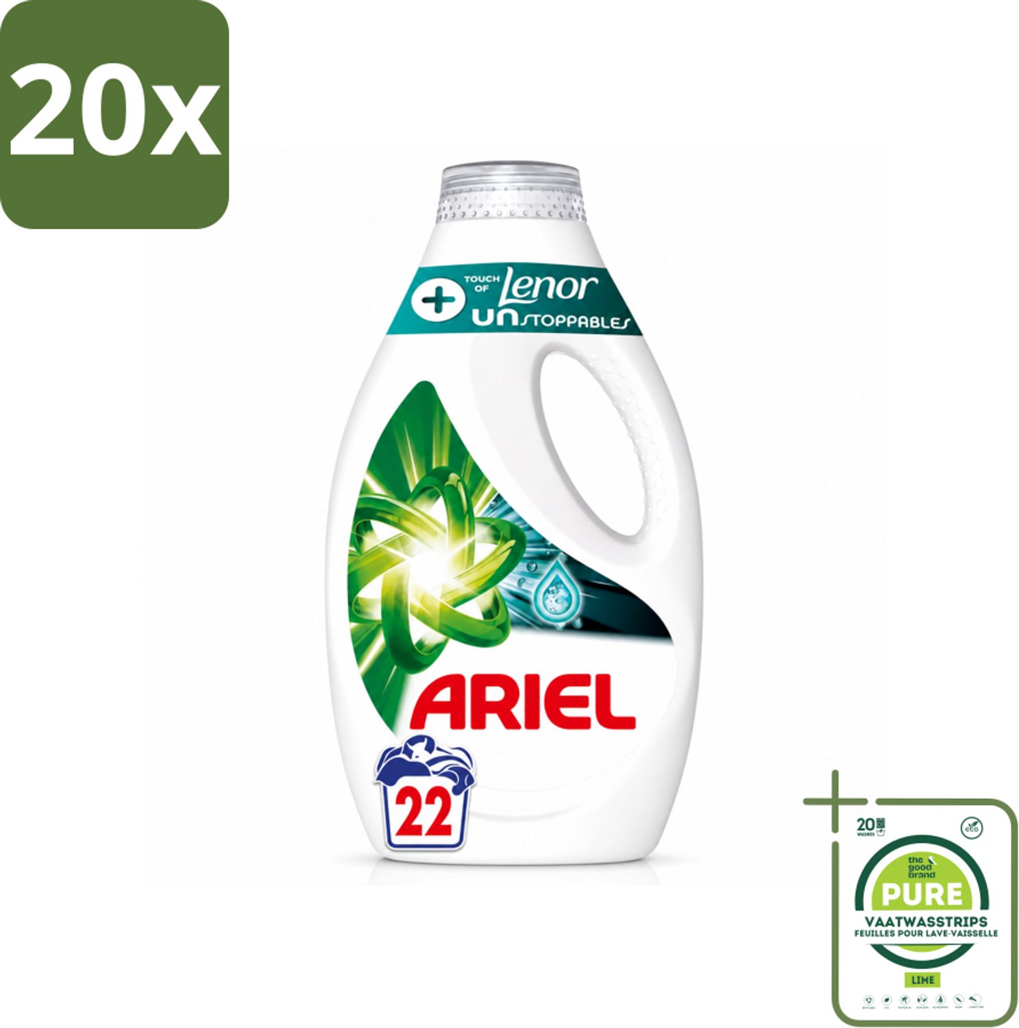 20 x Ariel – +Touch van Lenor Unstoppables – Vloeibaar Wasmiddel – 990 ml - Grootverpakking - Vaatwasstrips - Wasmiddel - Vlekverwijdering - Frisheid - Kleding Reinigen - Wasmiddel Voor Bonte Was