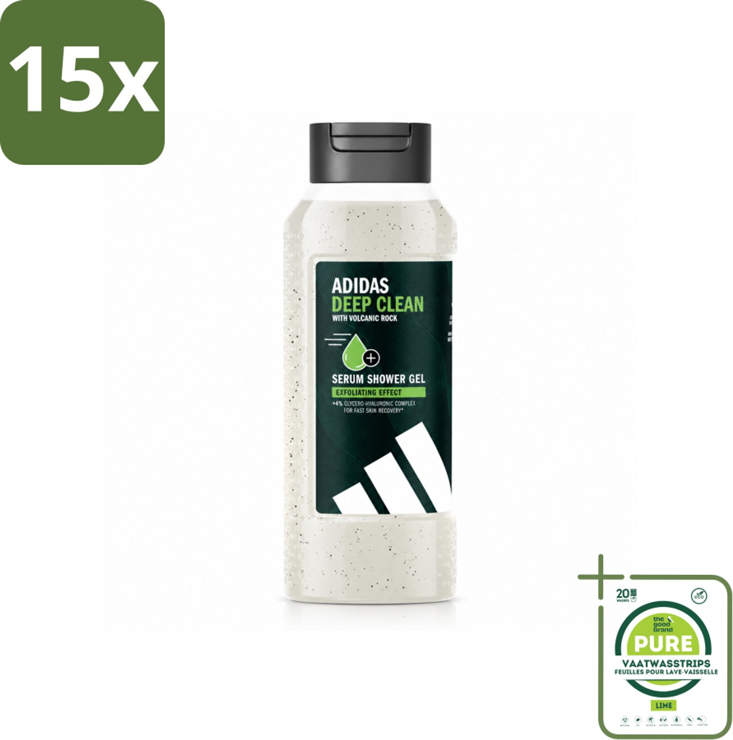 15 x Adidas – Douchegel – Active Skin & Mind Deep Clean – 250 ml - Grootverpakking - Vaatwasstrips - Douchegel - Huid Reinigen - Exfoliëren - Vulkanische Steen - Huid Hyderatatie
