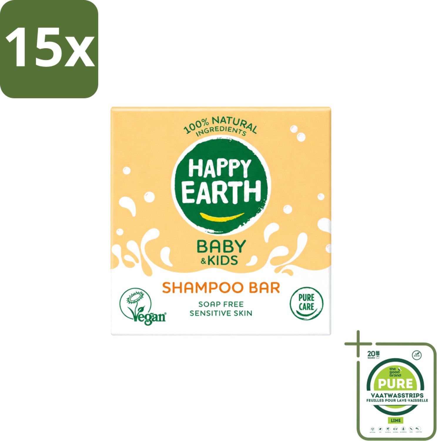 15 x Happy Earth – Shampoo Bar – 100% Natuurlijk Baby & Kids – 50 g - Grootverpakking - Vaatwasstrips - Baby Haar Verzorging - Kind Haar Shampoo - Natuurlijke Shampoo Bar - Zeepvrije Shampoo - Allergievrije Shampoo