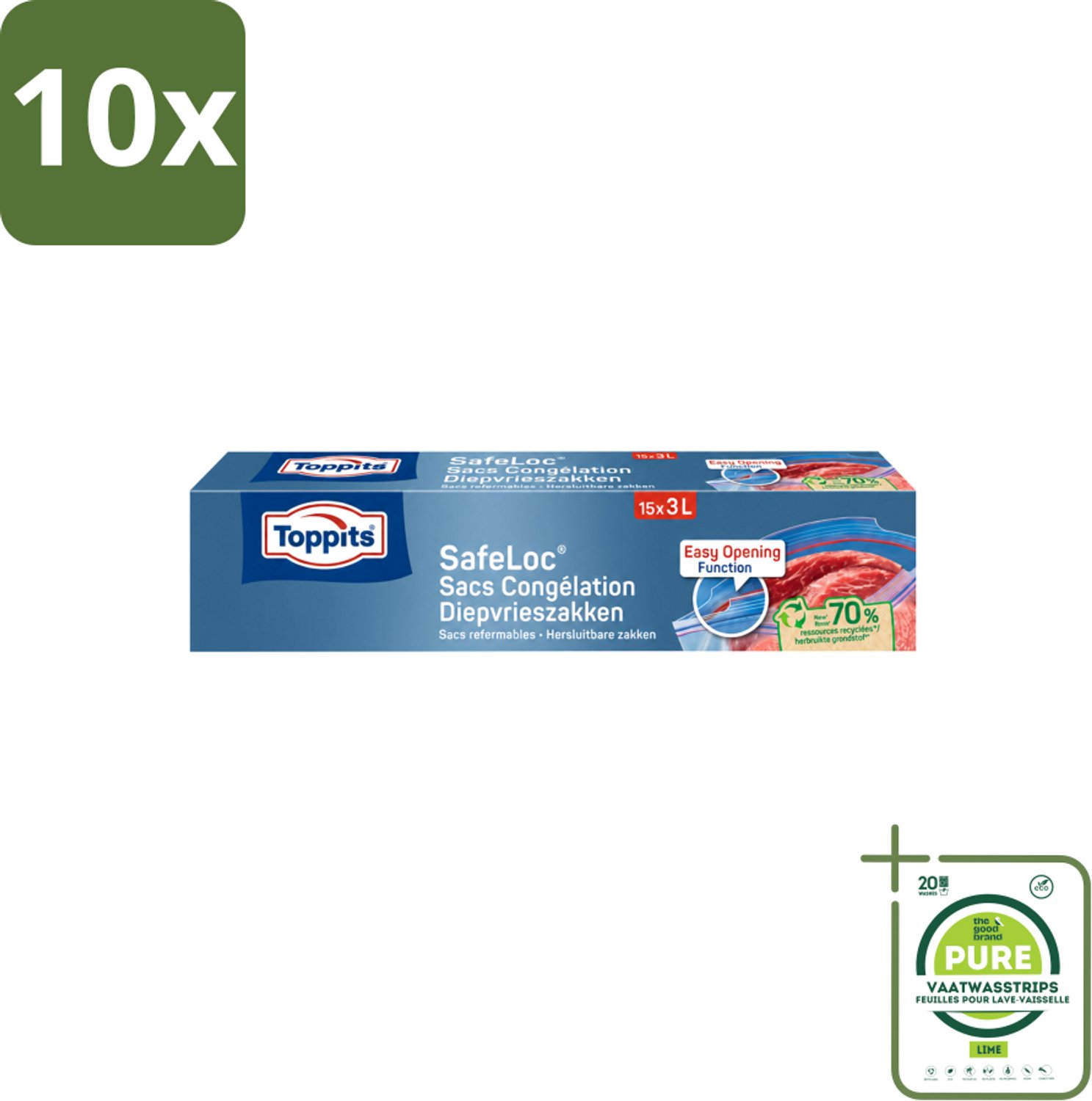 10 x Toppits – Safeloc Zip-Diepvrieszakken – 3 Liter – 15 Zakjes - Grootverpakking - Vaatwasstrips - Diepvrieszakken - Dubbele Sluiting - Voedselbescherming - Invriezen - Opwarmen