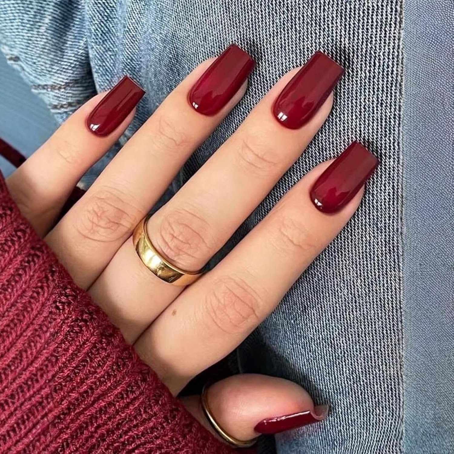 Nagels om op te plakken, 24 stuks, vierkant, medium, glanzend, wijnrood, elegant, effen, acryl, om op te plakken, natuurlijke volledige dekking, kunstnagels voor vrouwen en meisjes