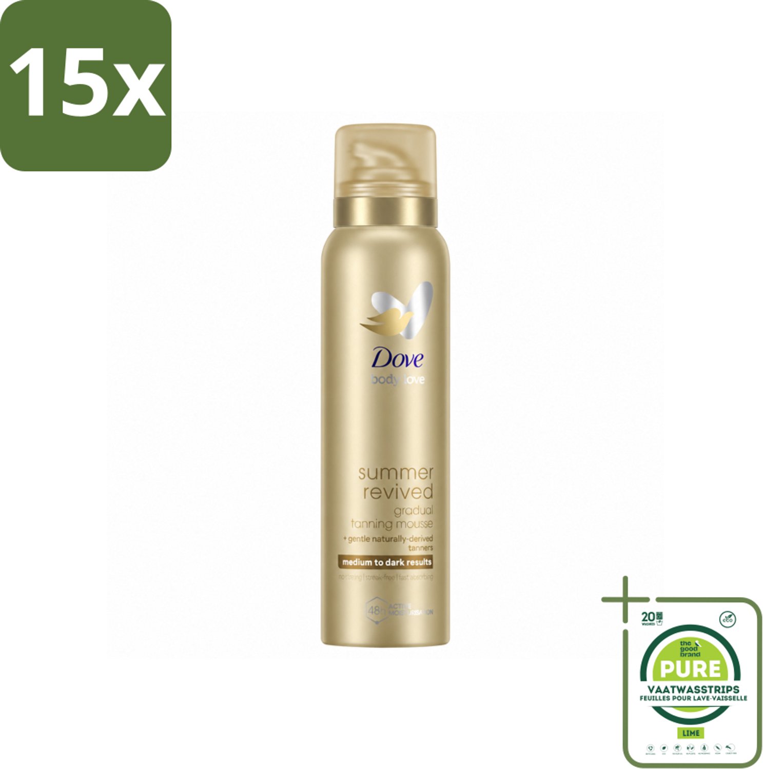 15 x Dove – Bodymousse – Summer Revived Medium-Dark – 150 ml - Grootverpakking - Vaatwasstrips - Zelfbruinende Bodymousse - Natuurlijke Teint - Zonnige Huid - Huidverzorging - Huidhydratatie