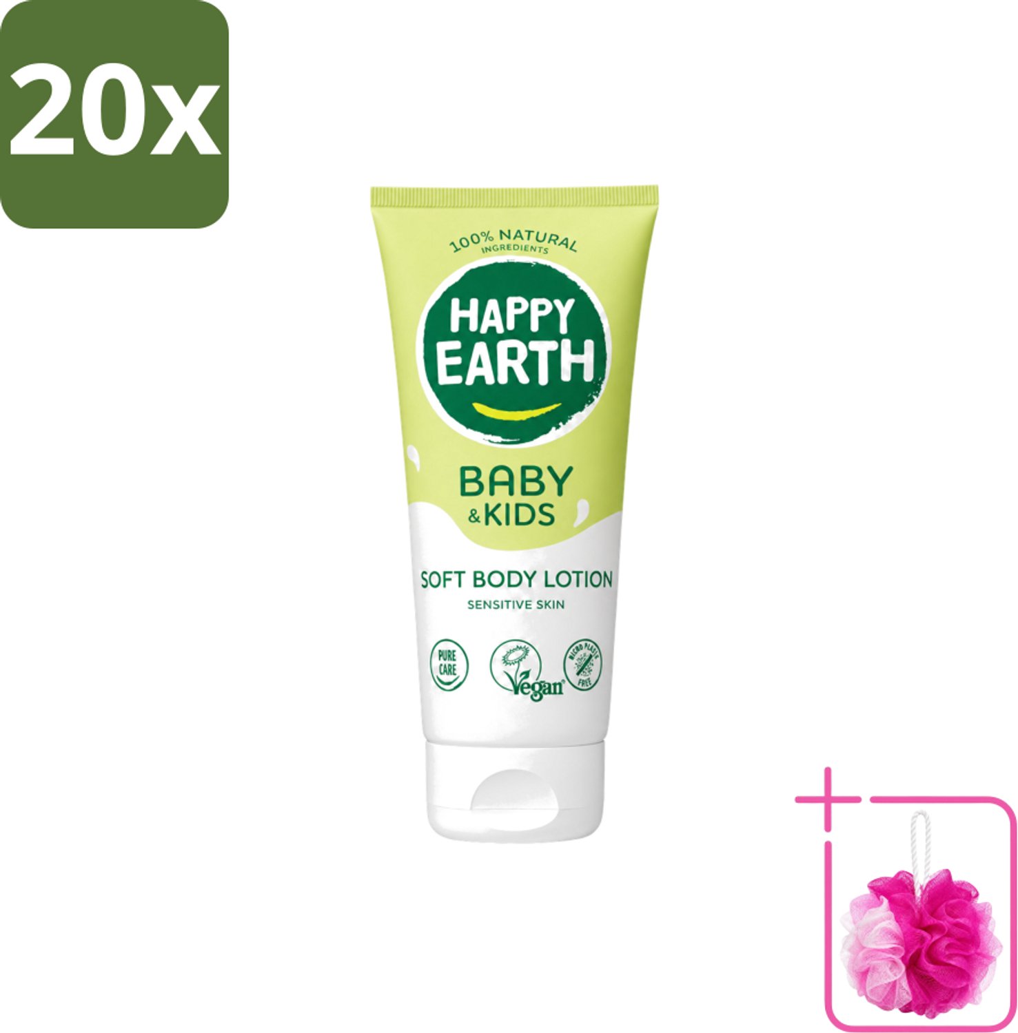 20 x Happy Earth – Bodylotion – 100% Natuurlijk Baby & Kids – 200 ml - Bulkverpakking - Babylotion - Douchemop - Kinderhuid