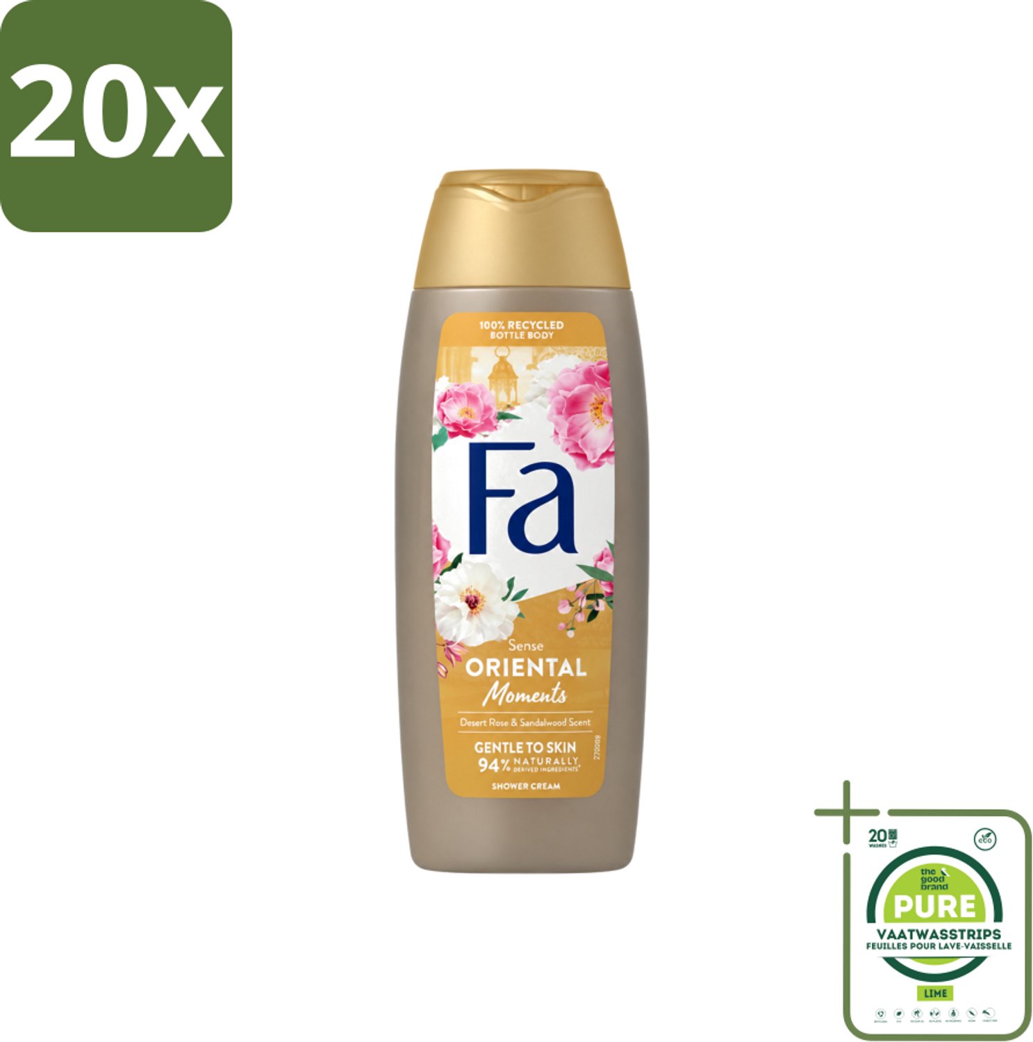 20 x Fa - Oriental Moments - Douchecrème - Woestijnroos & Sandelhout - 250 ml - Grootverpakking - Vaatwasstrips - Douchecrème - Woestijnroos - Sandelhout - Geur - Huidverzorging