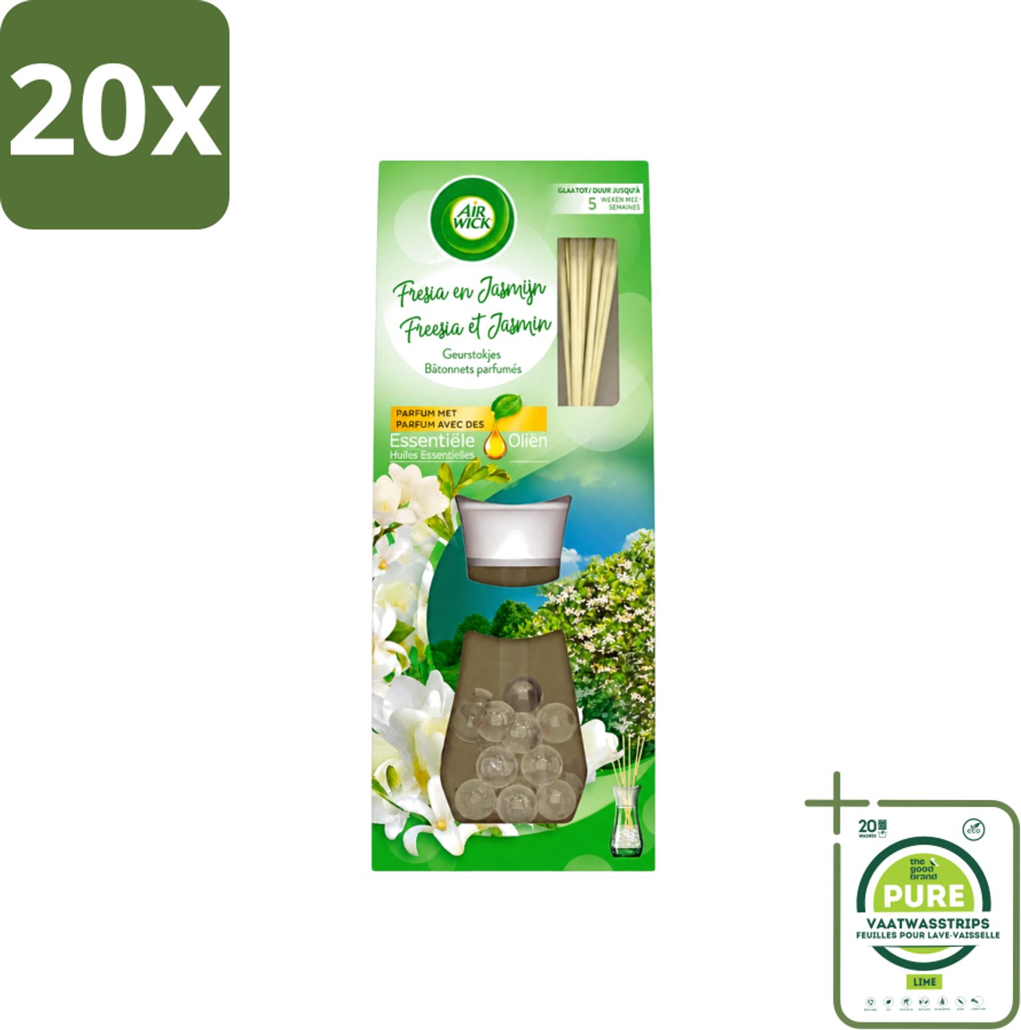 20 x Air Wick Essential Oils - Geurstokjes - Freesia & Jasmijn - 30ml - Grootverpakking - Vaatwasstrips - Geurstokjes - Bloemige Geur - Freesia - Jasmijn - Essentiële Oliën