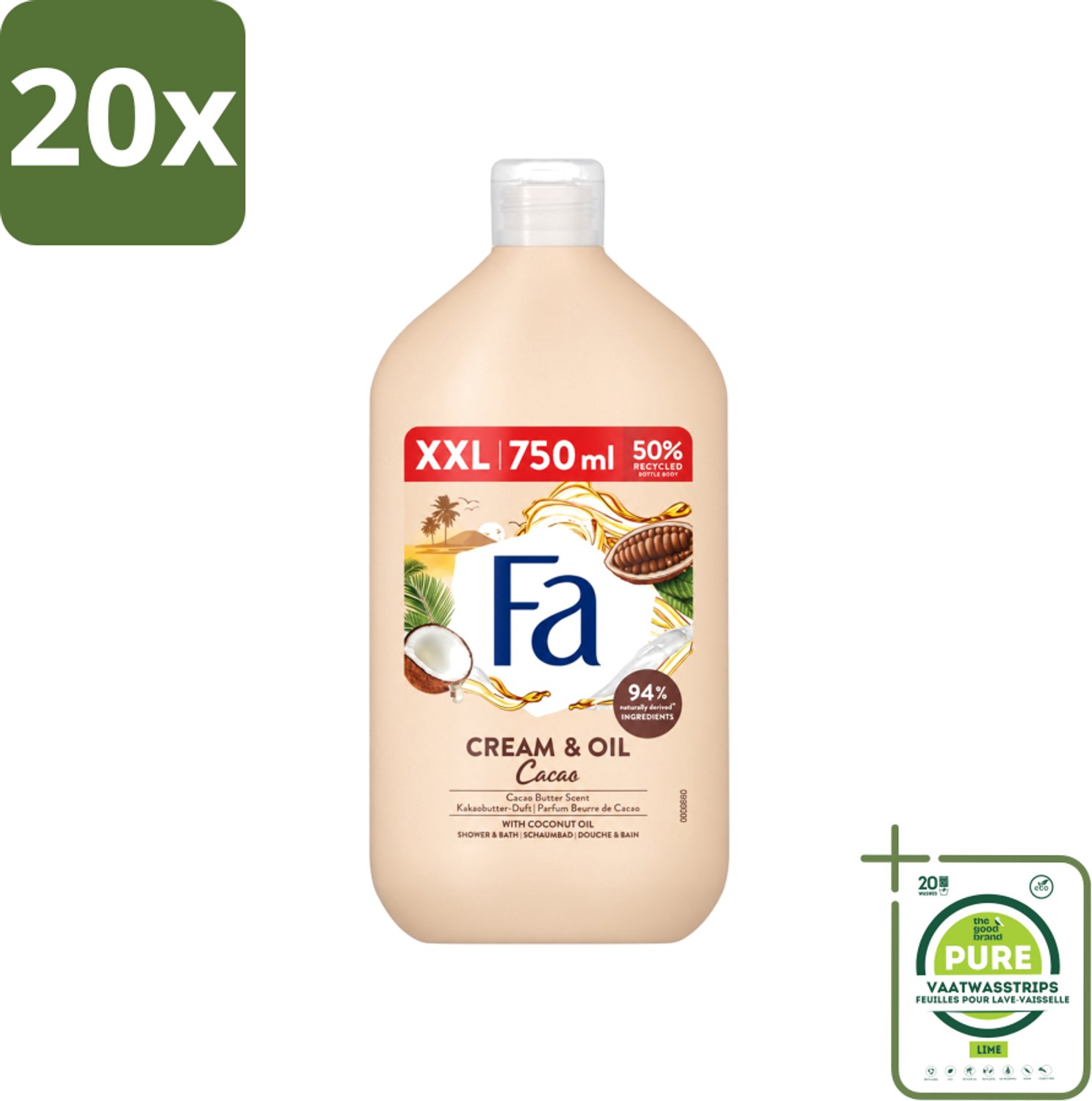 20 x Fa - Cream & Oil Cacao - Bad- & Douchegel - Cacaoboter Met Kokosolie - 750 ml - Grootverpakking - Vaatwasstrips - Bad En Douche Gel - Cacaoboter - Kokosolie - Huid Verzorging - Hydraterende Gel