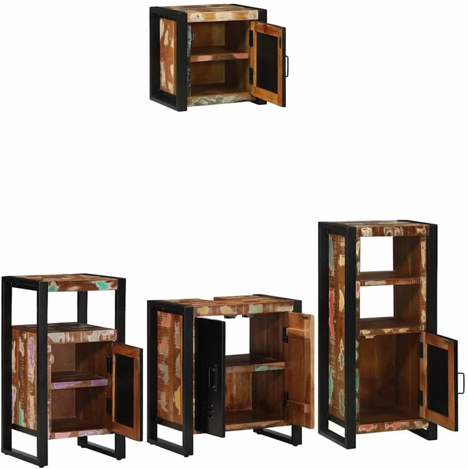 Badkamermeubelset 4 stuks. meerkleurig en zwart, houten deur, ijzer