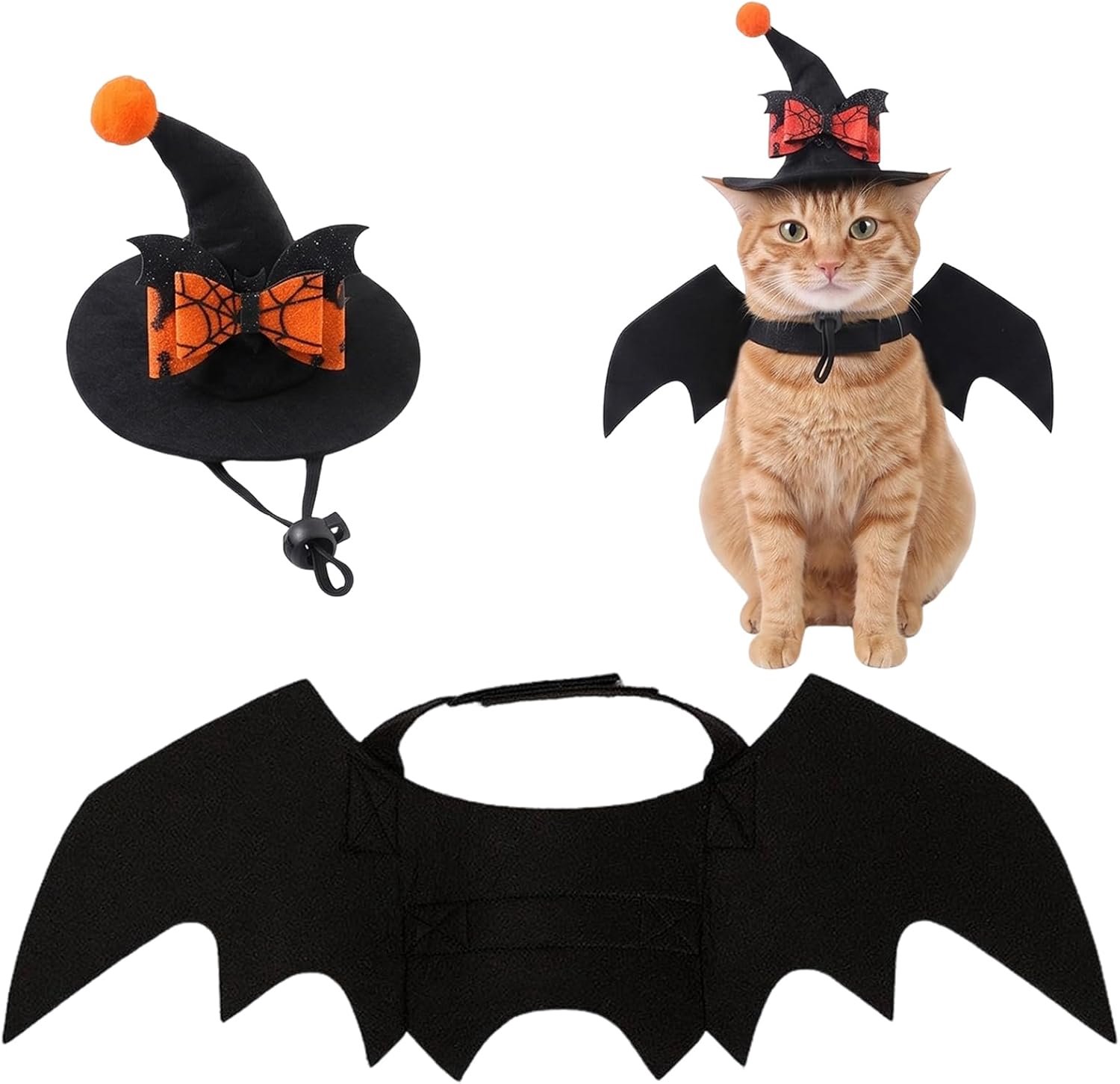 Kostuum voor katten 2-delig: vleermuisvleugels (46 x 20 cm) & spinnenhoed | kattenkostuum voor katten & kleine honden, kattenkleding huisdier Halloween party verkleedaccessoires